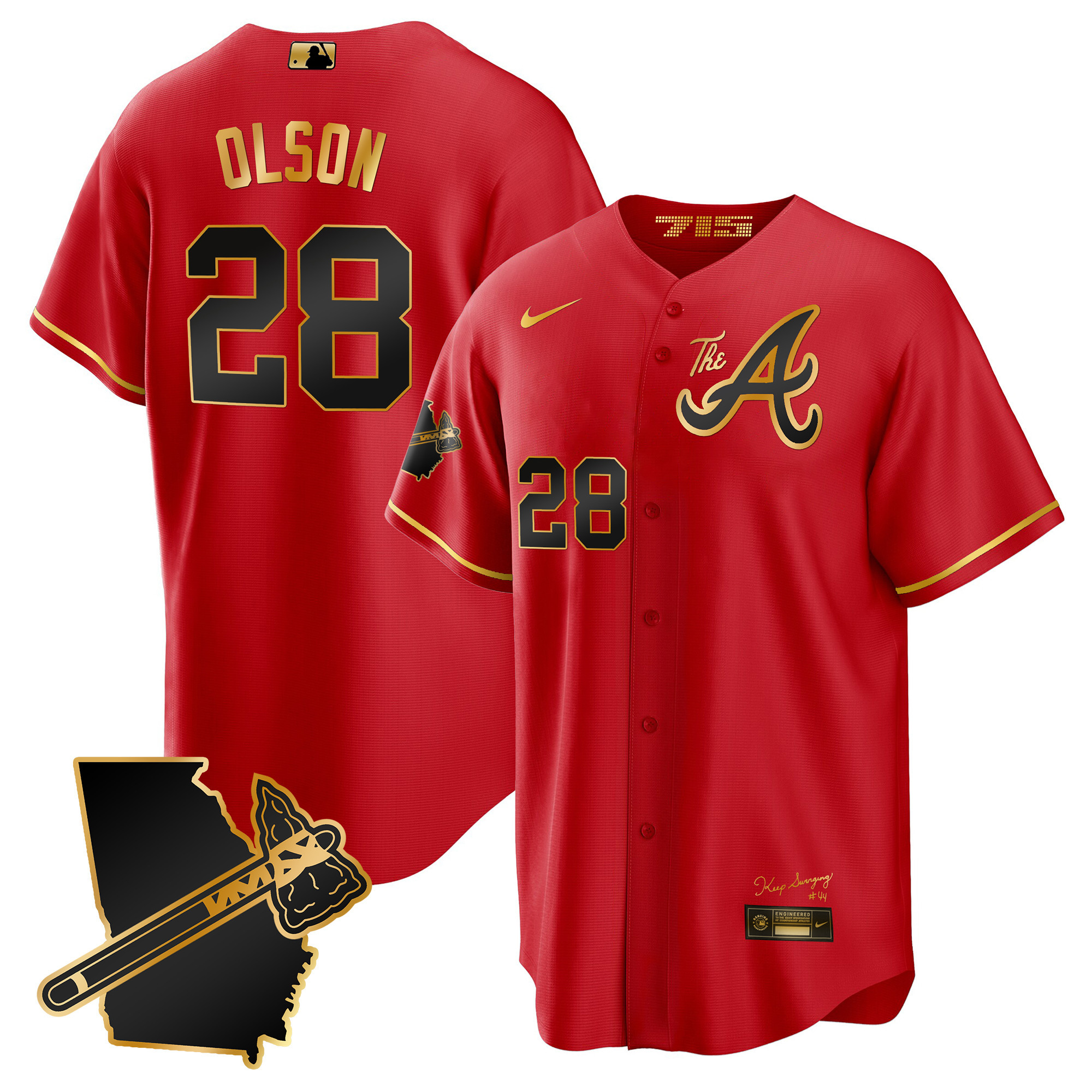 Matt Olson Men's Atlanta Braves The A Gold Cool Base - Georgia Patch Red Gold Jersey - All Stitched