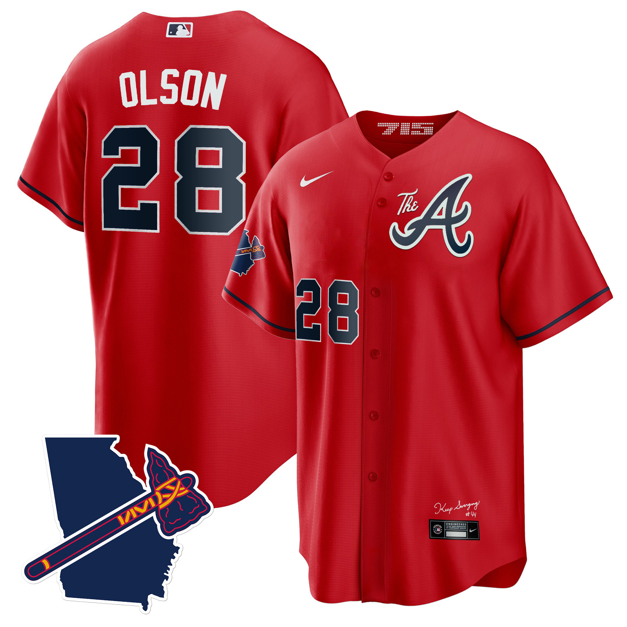 Matt Olson Men's Atlanta Braves The A Gold Cool Base - Georgia Patch Red Jersey - All Stitched