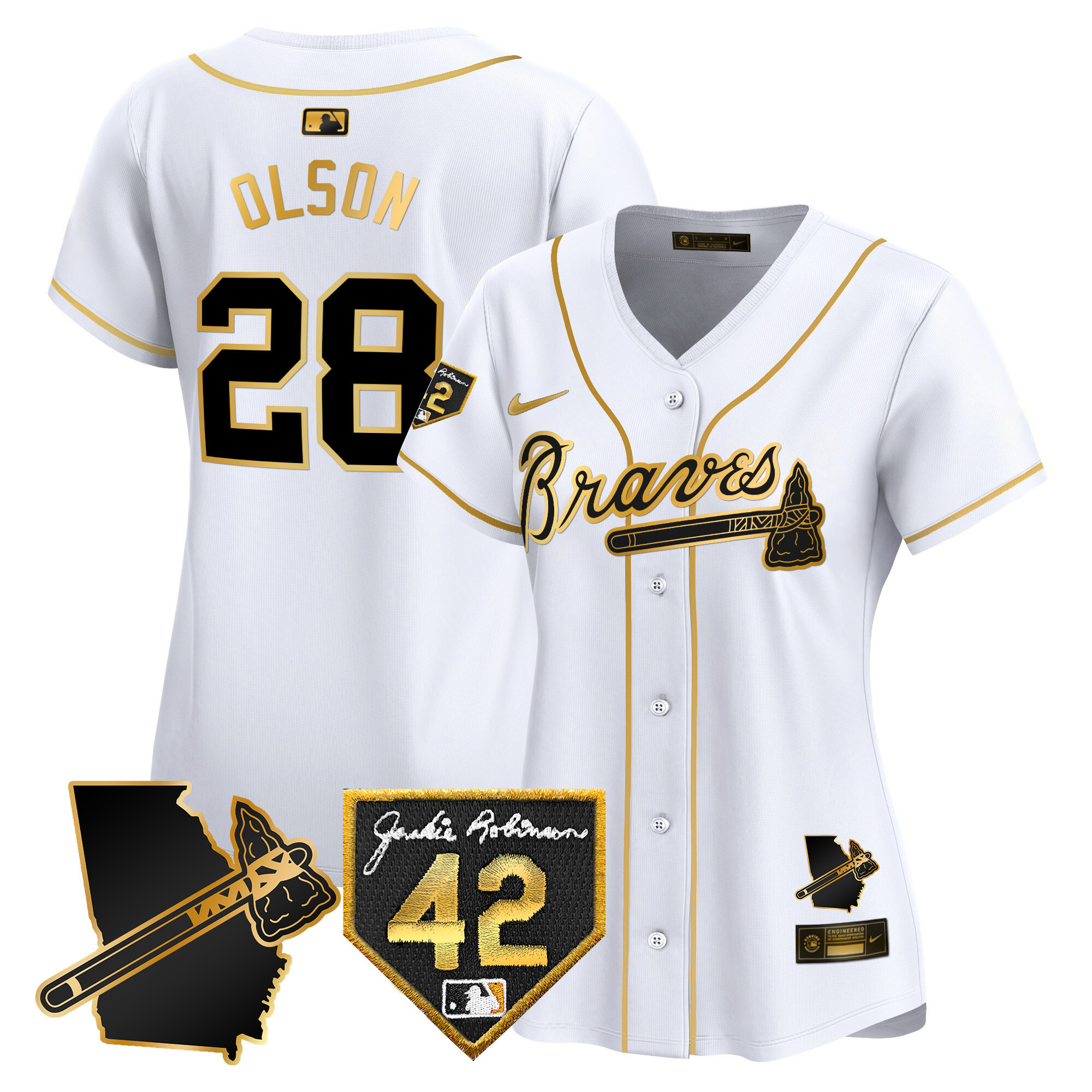 Matt Olson Women's Atlanta Braves 2024 Robinson & Georgia Patch Vapor Premier Limited White Gold Jersey - All Stitched