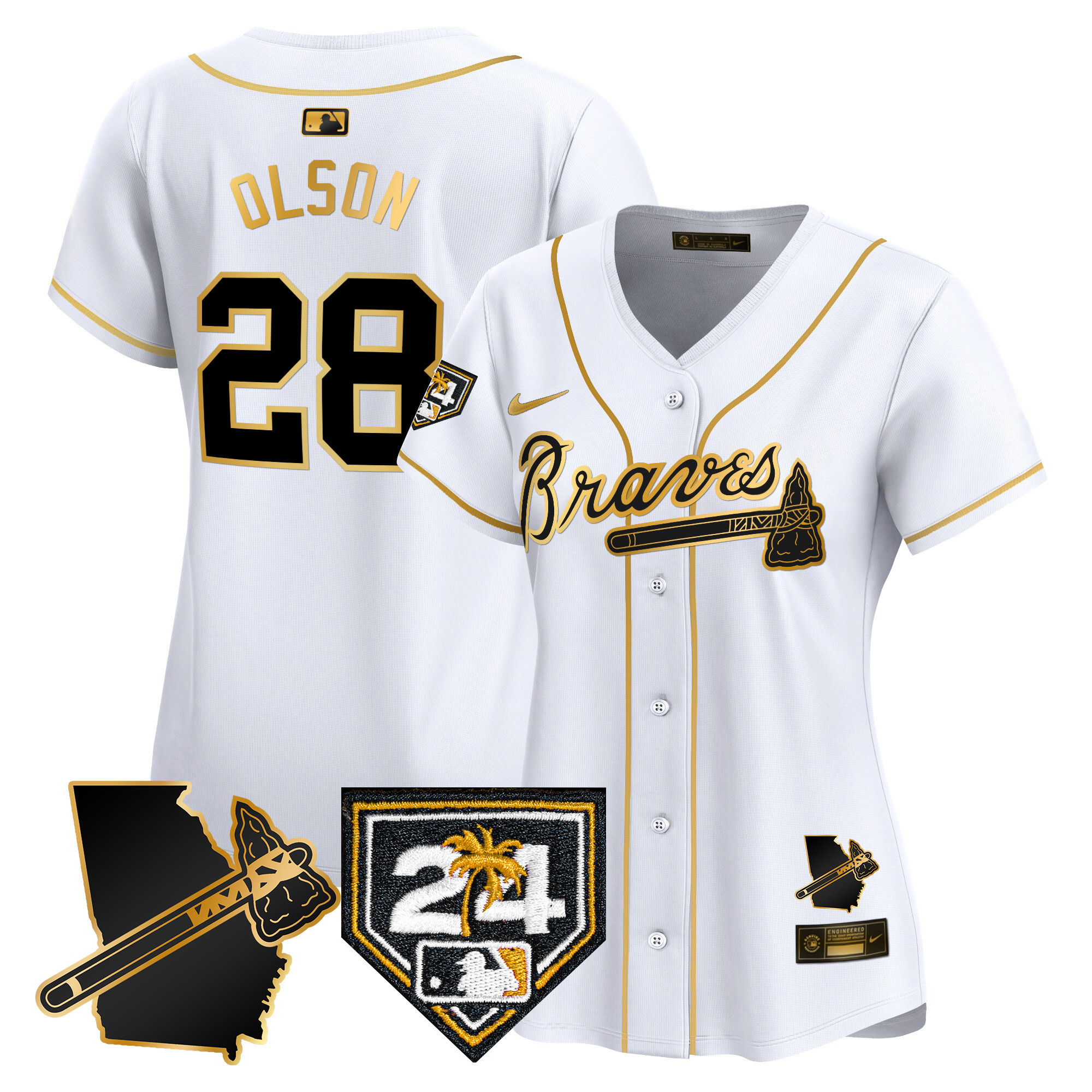 Matt Olson Women's Atlanta Braves 2024 Spring Training & Georgia Patch Vapor Premier Limited White Gold Jersey - All Stitched