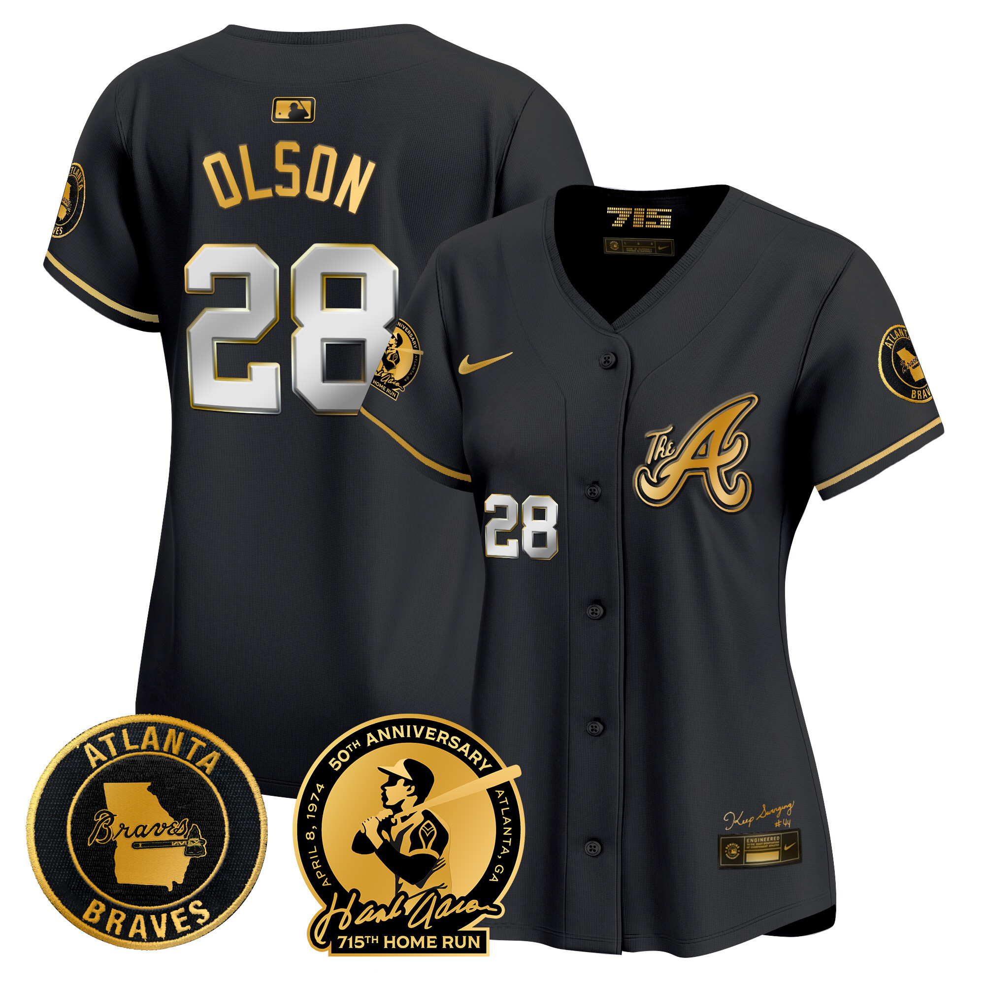 Matt Olson Women's Atlanta Braves Hank Aaron 715th Home Run Patch Vapor Premier Limited V2 Black Gold Jersey - All Stitched