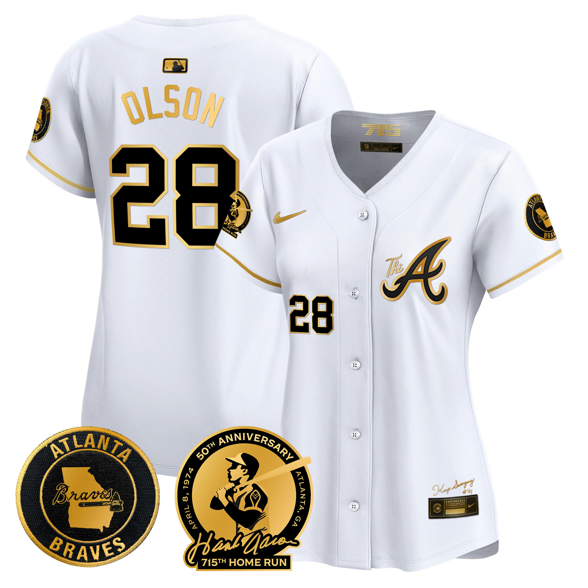 Matt Olson Women's Atlanta Braves Hank Aaron 715th Home Run Patch Vapor Premier Limited V2 White Gold Jersey - All Stitched