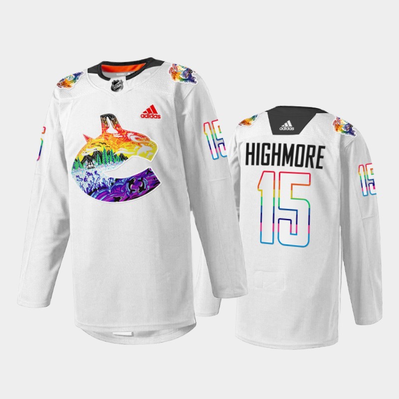 Matthew Highmore Vancouver Canucks Pride Night Jersey White #15 Mio Artwork Warmup