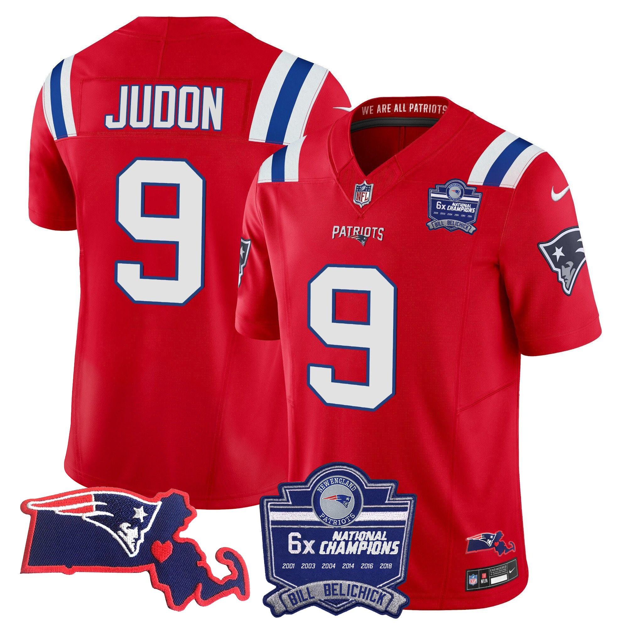 Matthew Judon Men's New England Patriots Bill Belichick 6x Champions Patch Vapor Red Jersey - All Stitched 