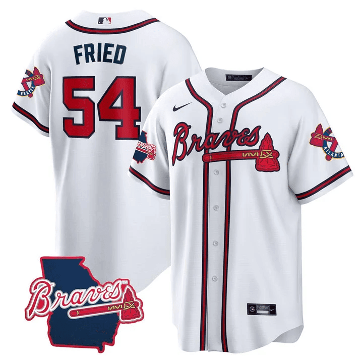 Max Fried Men's Atlanta Braves Georgia State Patch - White Cool Base Jersey - All Stitched