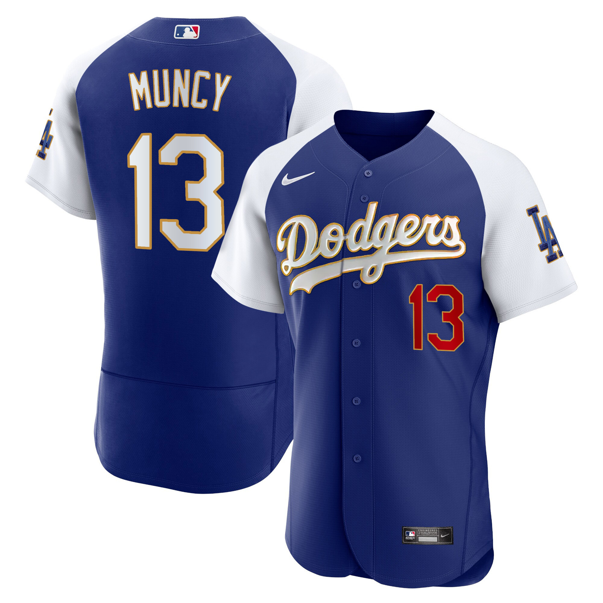 Max Muncy Men's Los Angeles Dodgers Gold Trim Flex Base Alternate Royal Jersey - All Stitched