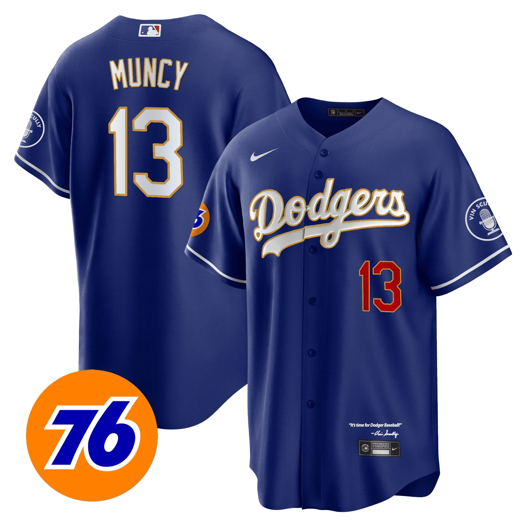 Max Muncy Men's Los Angeles Dodgers Vin Scully 76 Patch Gold Trim Player Cool Royal Jersey - All Stitched