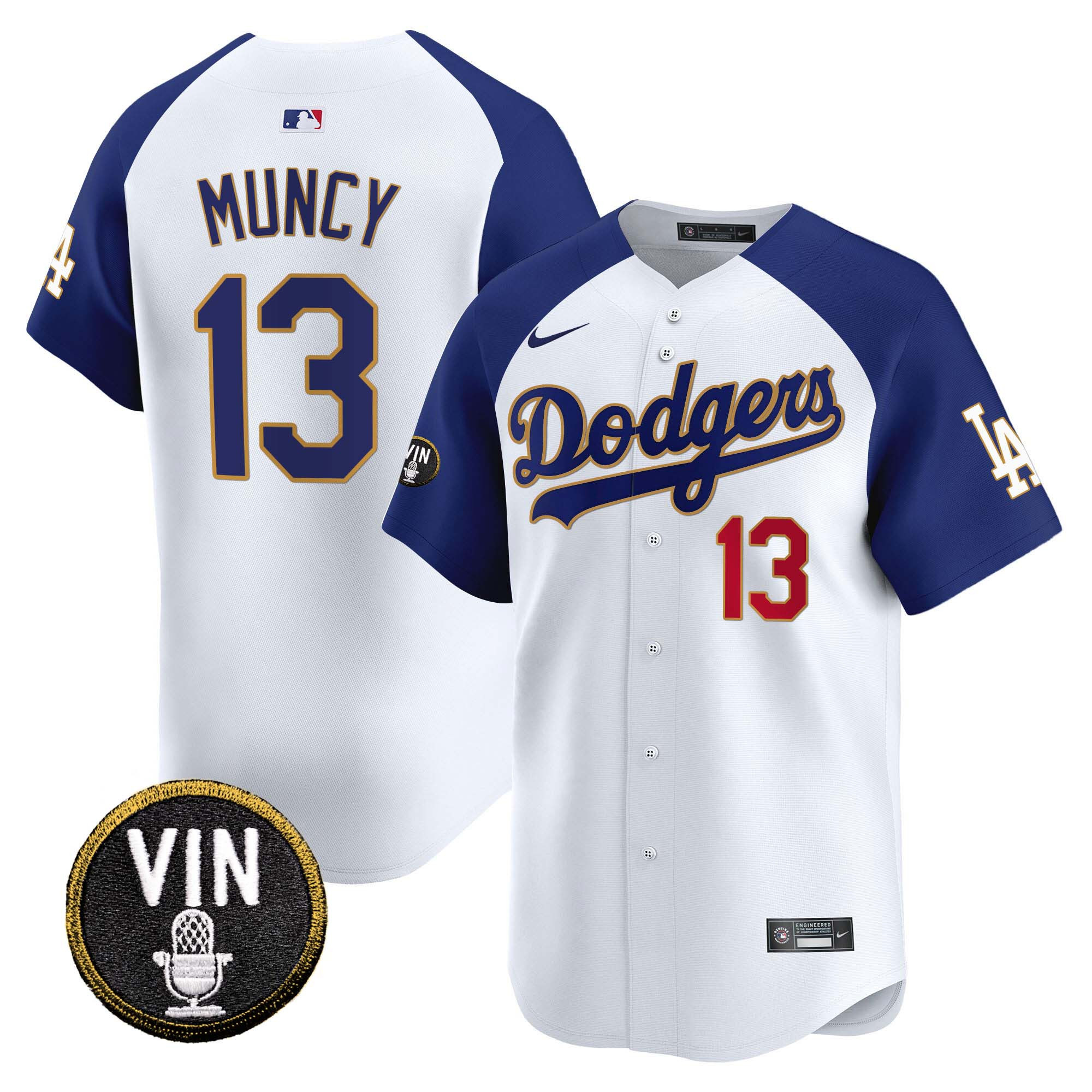 Max Muncy Men's Los Angeles Dodgers Vin Scully Patch Gold Trim Vapor Premier Limited Alternate White Jersey - All Stitched