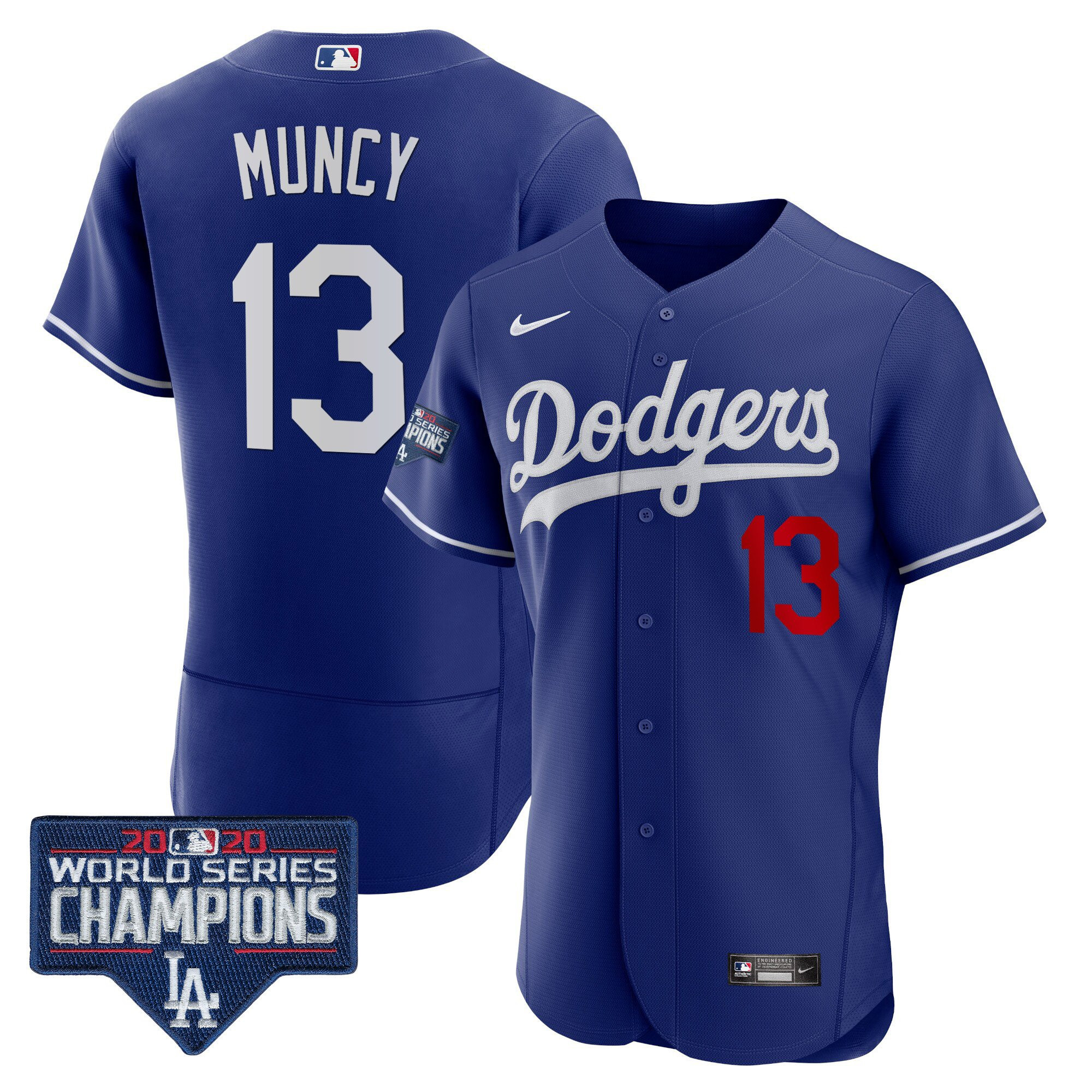 Max Muncy Men's Los Angeles Dodgers World Series Champions Patch Flex Base Royal Jersey - All Stitched