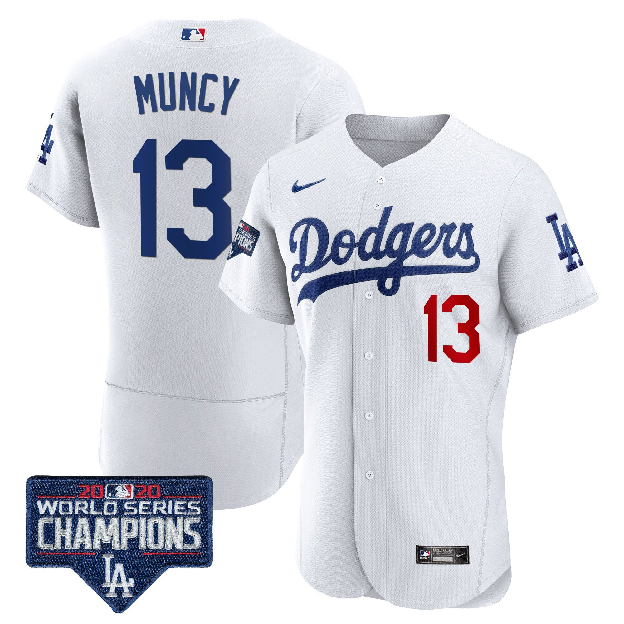 Max Muncy Men's Los Angeles Dodgers World Series Champions Patch Flex Base White Jersey - All Stitched