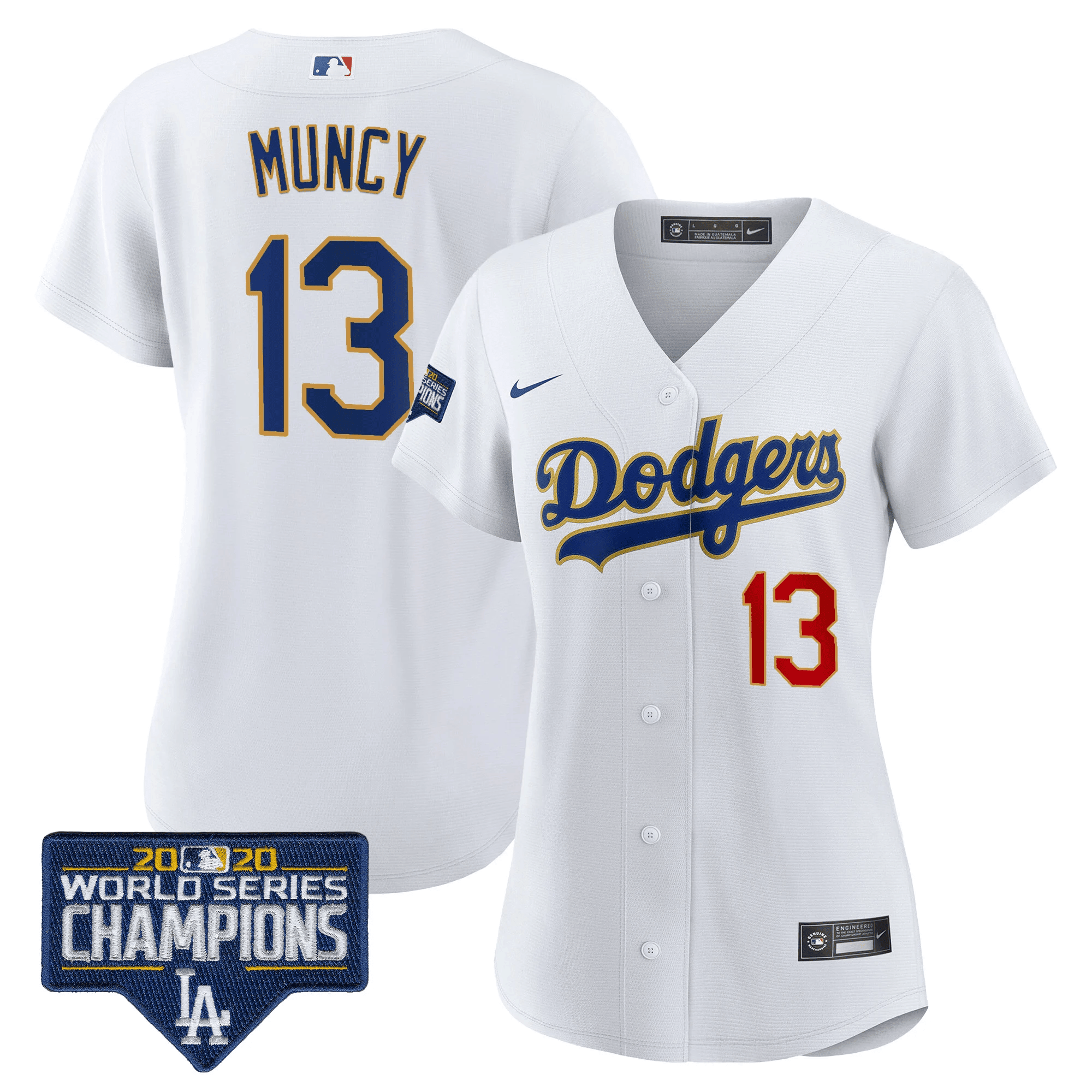 Max Muncy Women's Los Angeles Dodgers World Series Champions Patch Gold Trim White Jersey - All Stitched