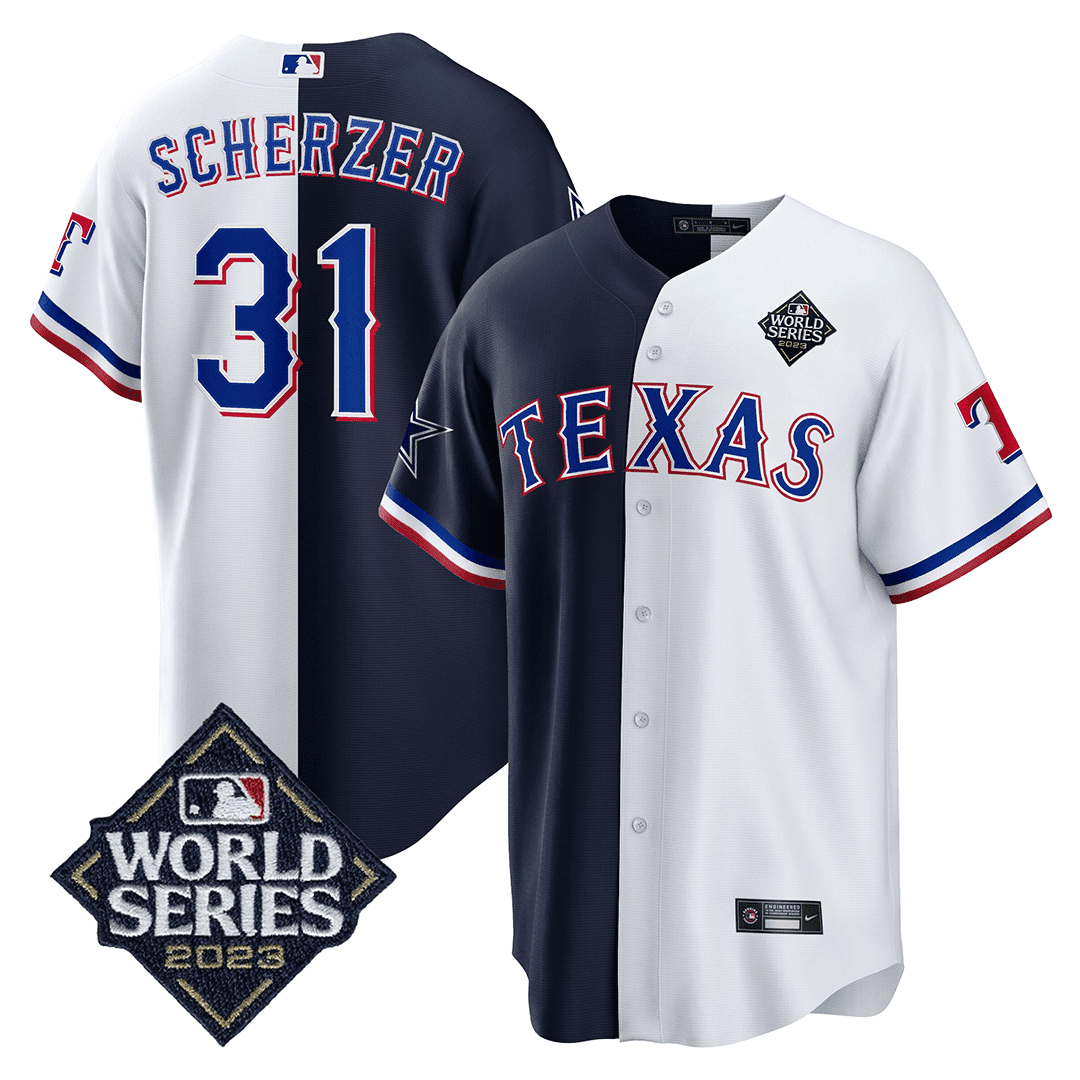 Max Scherzer Men's Split Texas Rangers - Cowboys 2023 World Series Patch Cool Base White - Navy Jersey - All Stitched