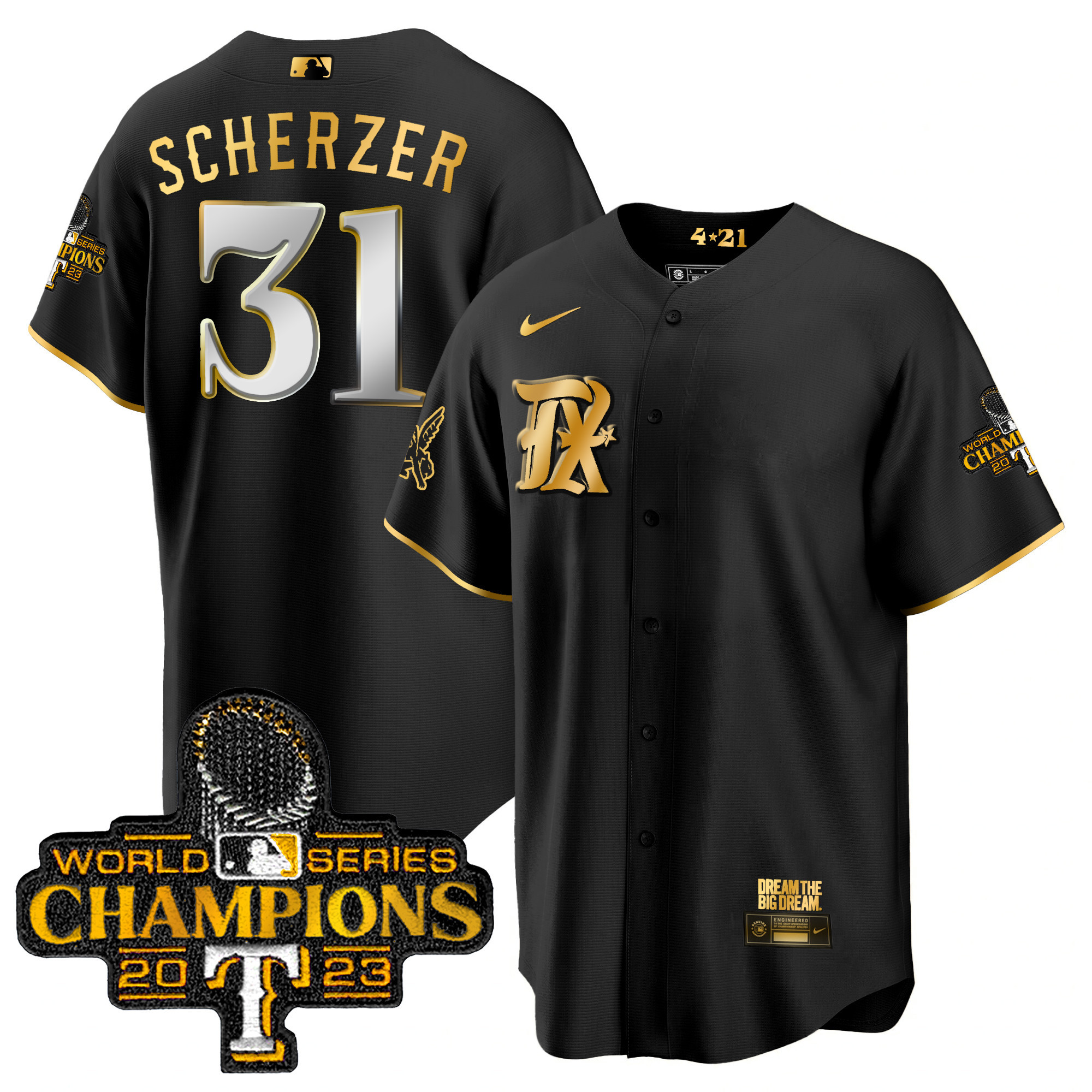 Max Scherzer Men's Texas Rangers 2023 World Series Champions City Connect Cool Gold Black Gold Jersey - All Stitched