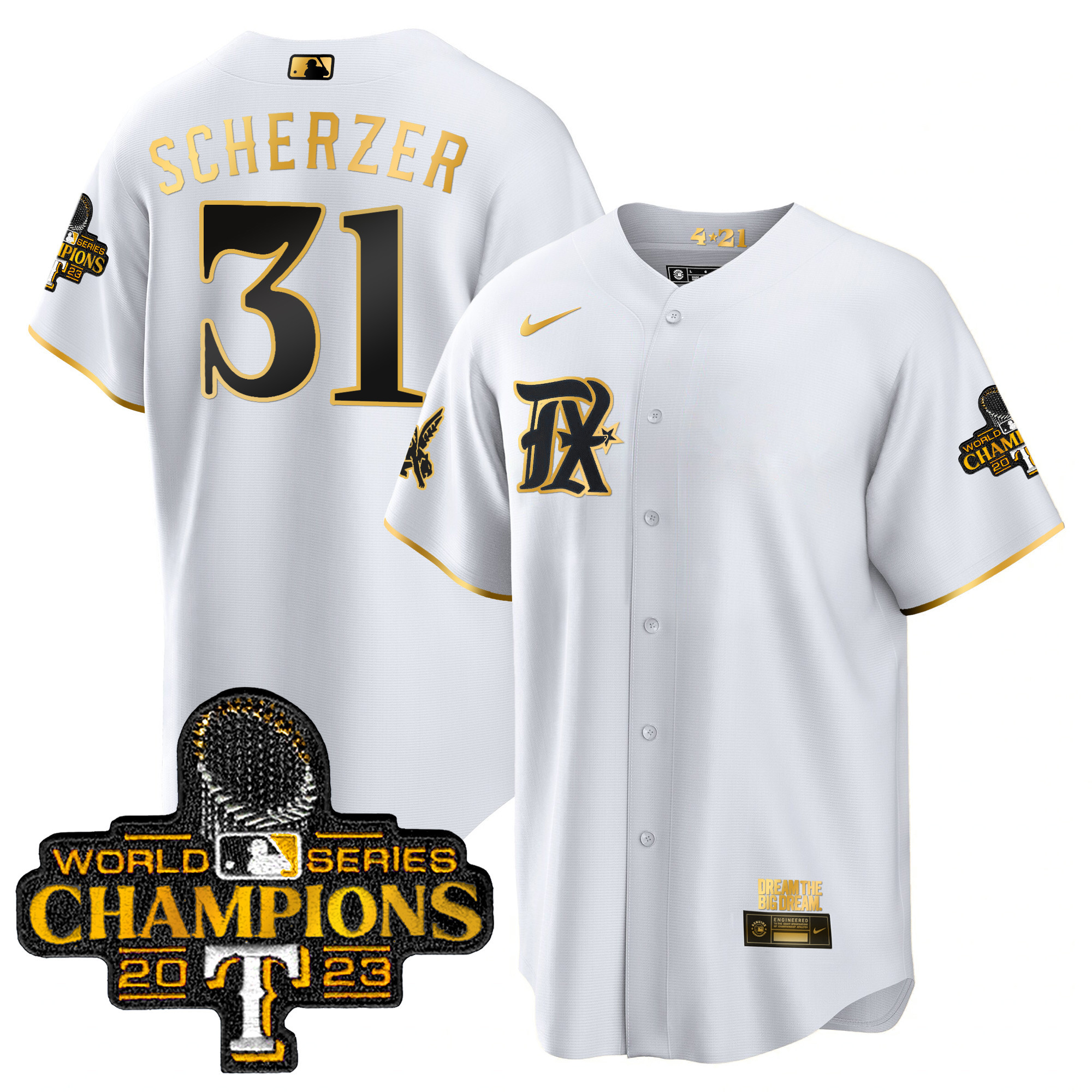 Max Scherzer Men's Texas Rangers 2023 World Series Champions City Connect Cool Gold White Gold Jersey - All Stitched