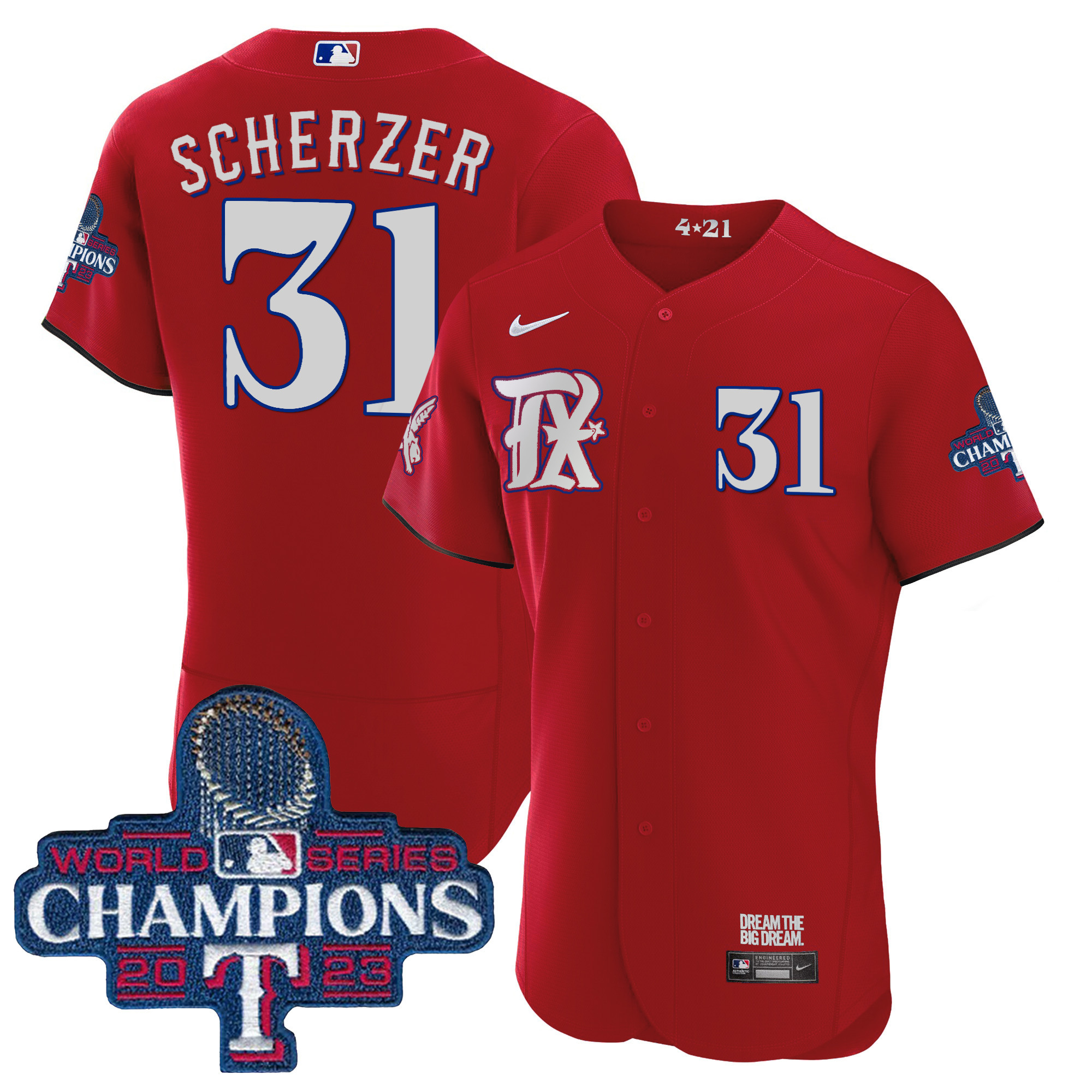 Max Scherzer Men's Texas Rangers 2023 World Series Champions City Connect Flex Base Red Jersey - All Stitched