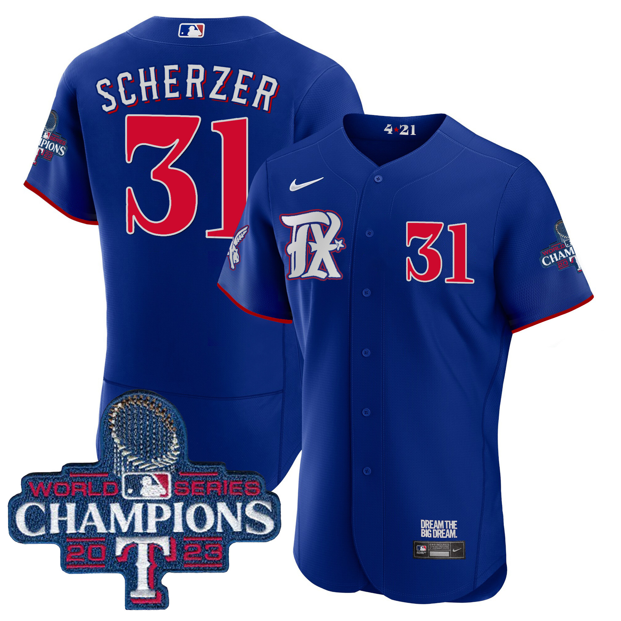 Max Scherzer Men's Texas Rangers 2023 World Series Champions City Connect Flex Base Royal Jersey - All Stitched