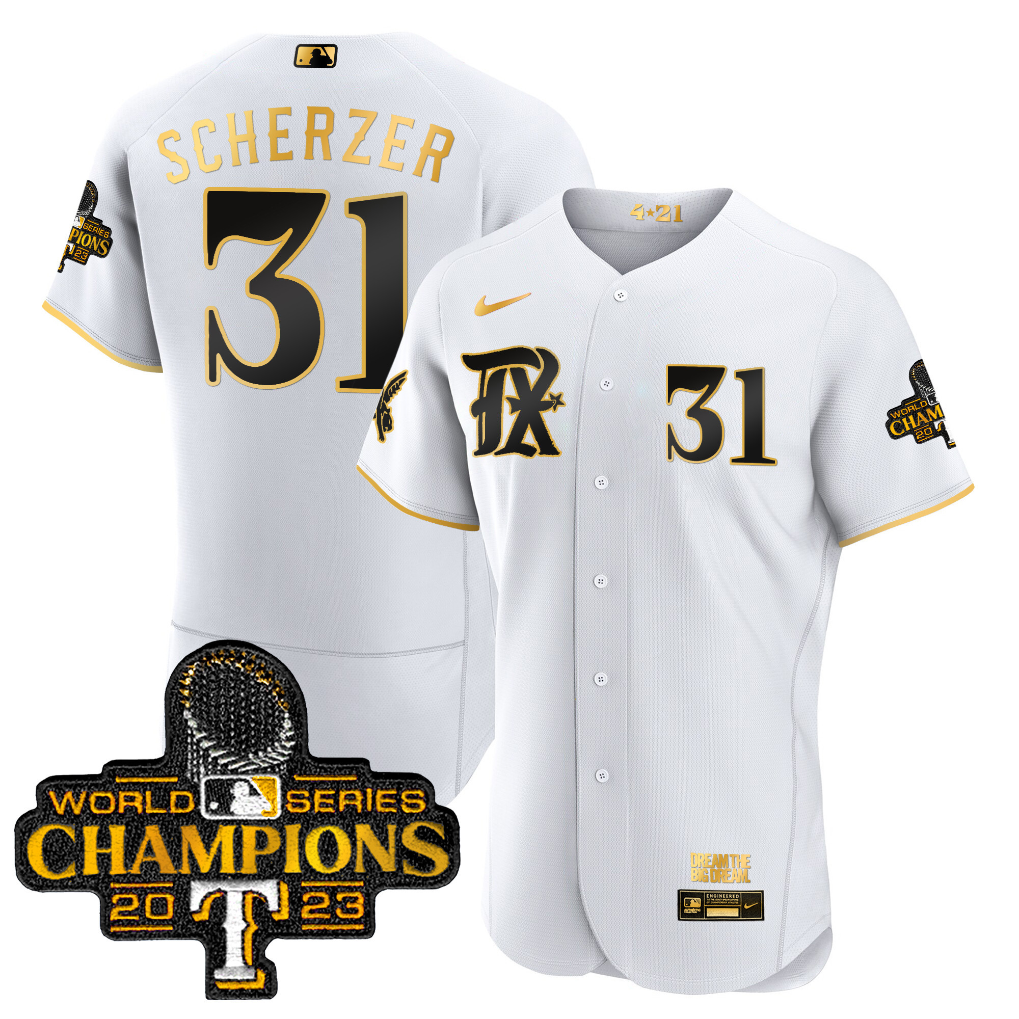 Max Scherzer Men's Texas Rangers 2023 World Series Champions City Connect Flex Gold White Gold Jersey - All Stitched