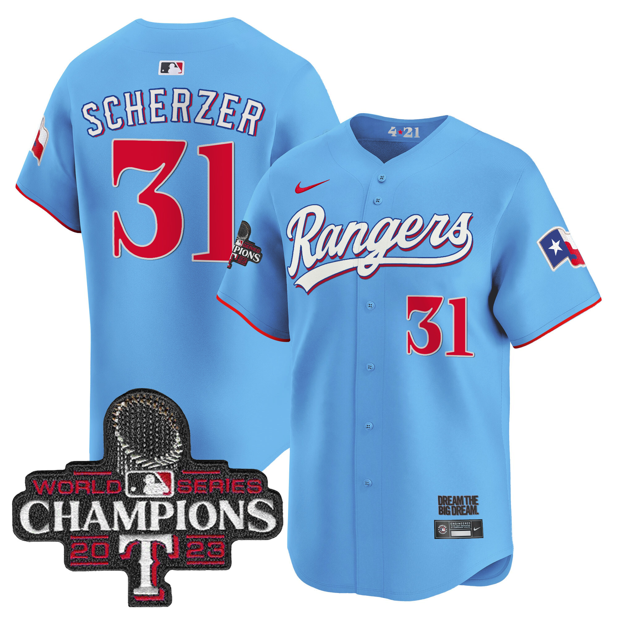 Max Scherzer Men's Texas Rangers 2023 World Series Champions City Connect Vapor Premier Limited Blue Jersey - All Stitched