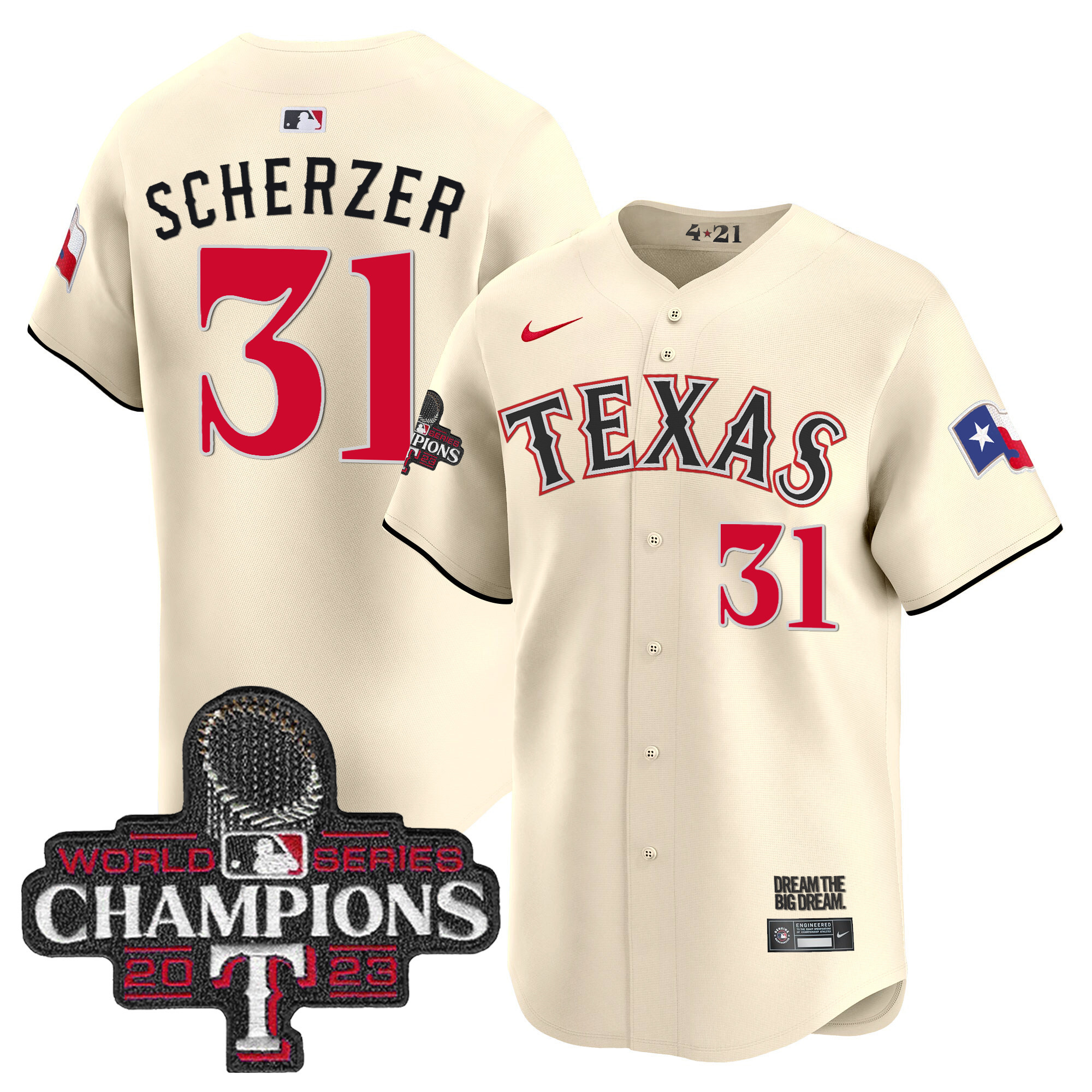 Max Scherzer Men's Texas Rangers 2023 World Series Champions City Connect Vapor Premier Limited Cream Jersey - All Stitched