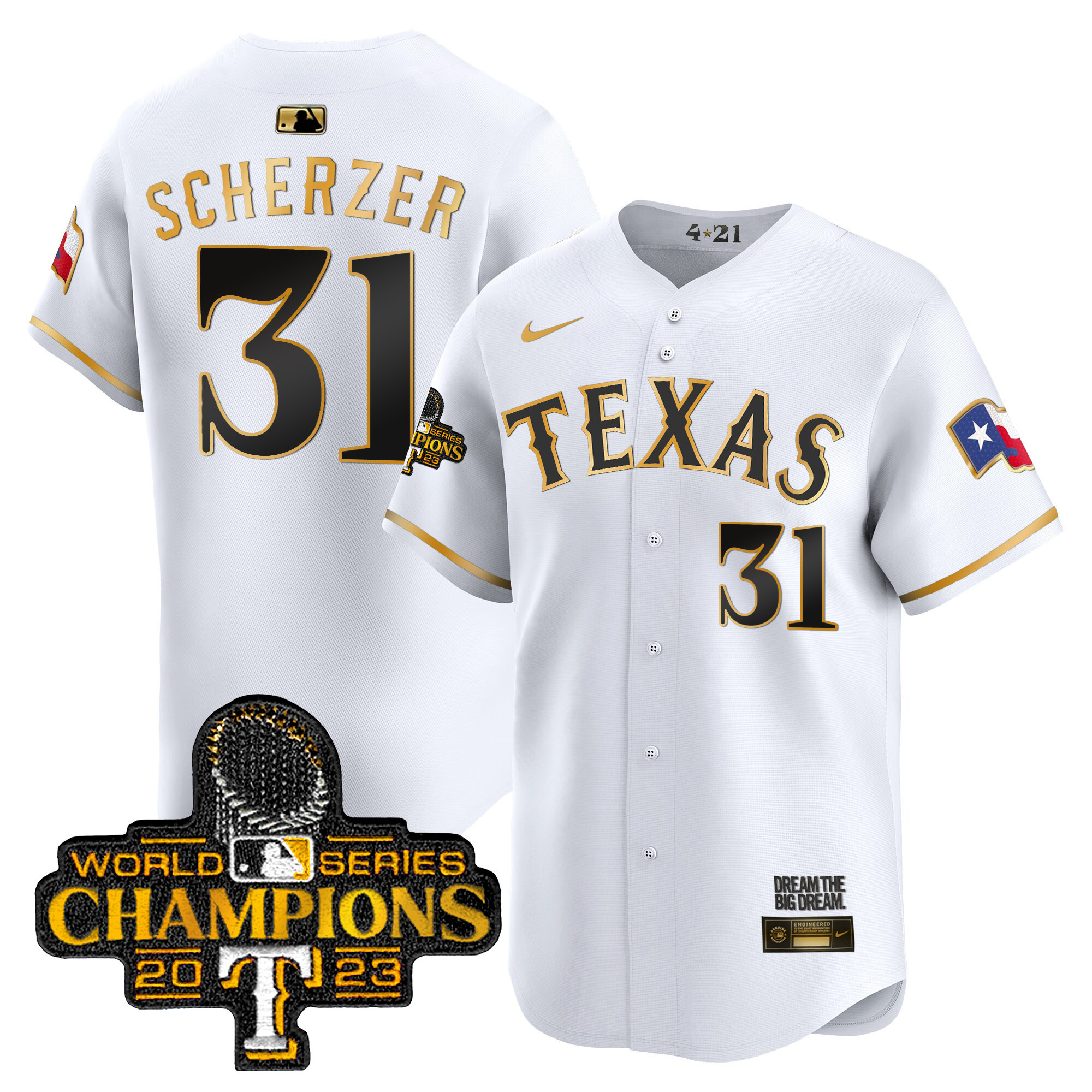 Max Scherzer Men's Texas Rangers 2023 World Series Champions City Connect Vapor Premier Limited White Gold Jersey - All Stitched
