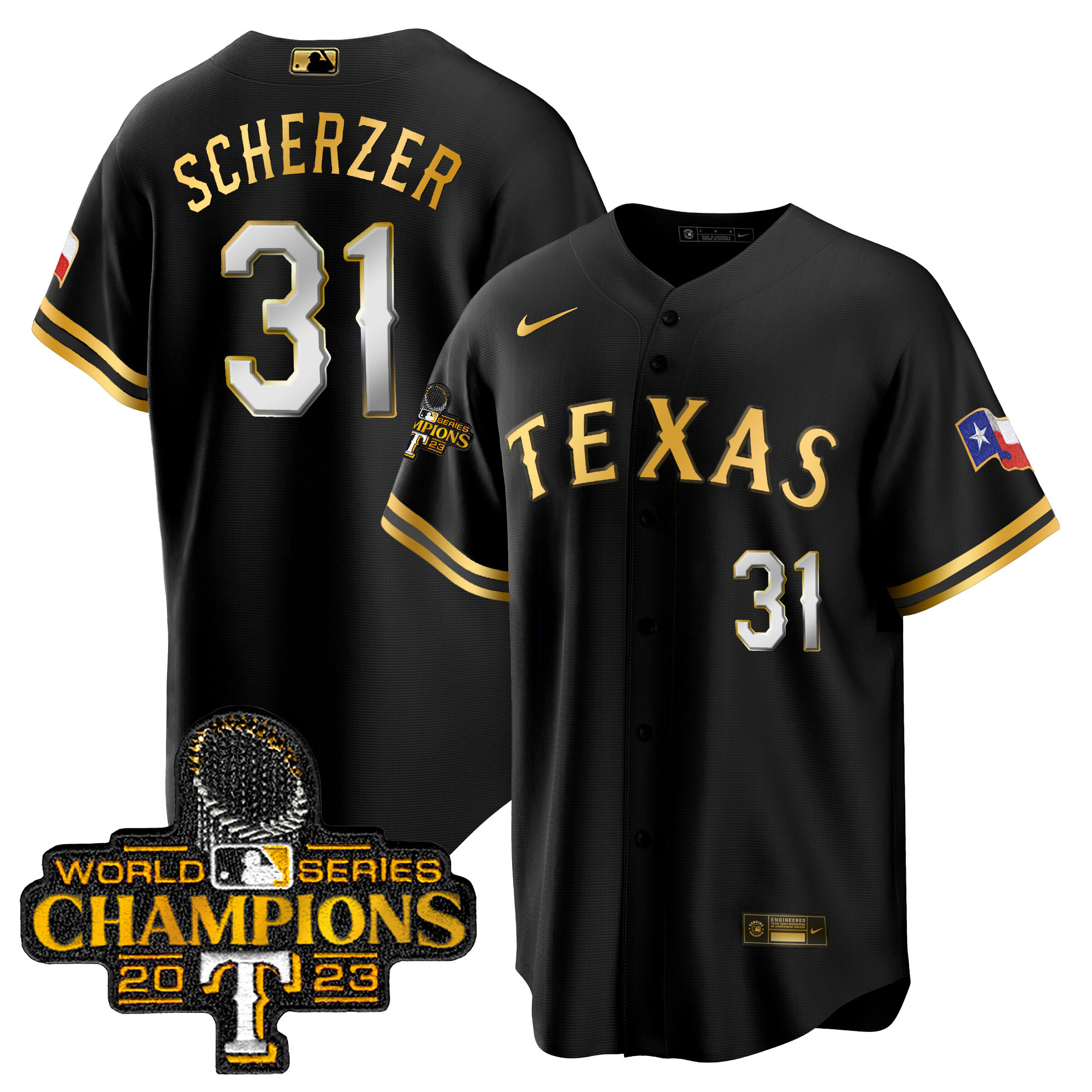 Max Scherzer Men's Texas Rangers 2023 World Series Champions Cool Base Black Gold Jersey - All Stitched