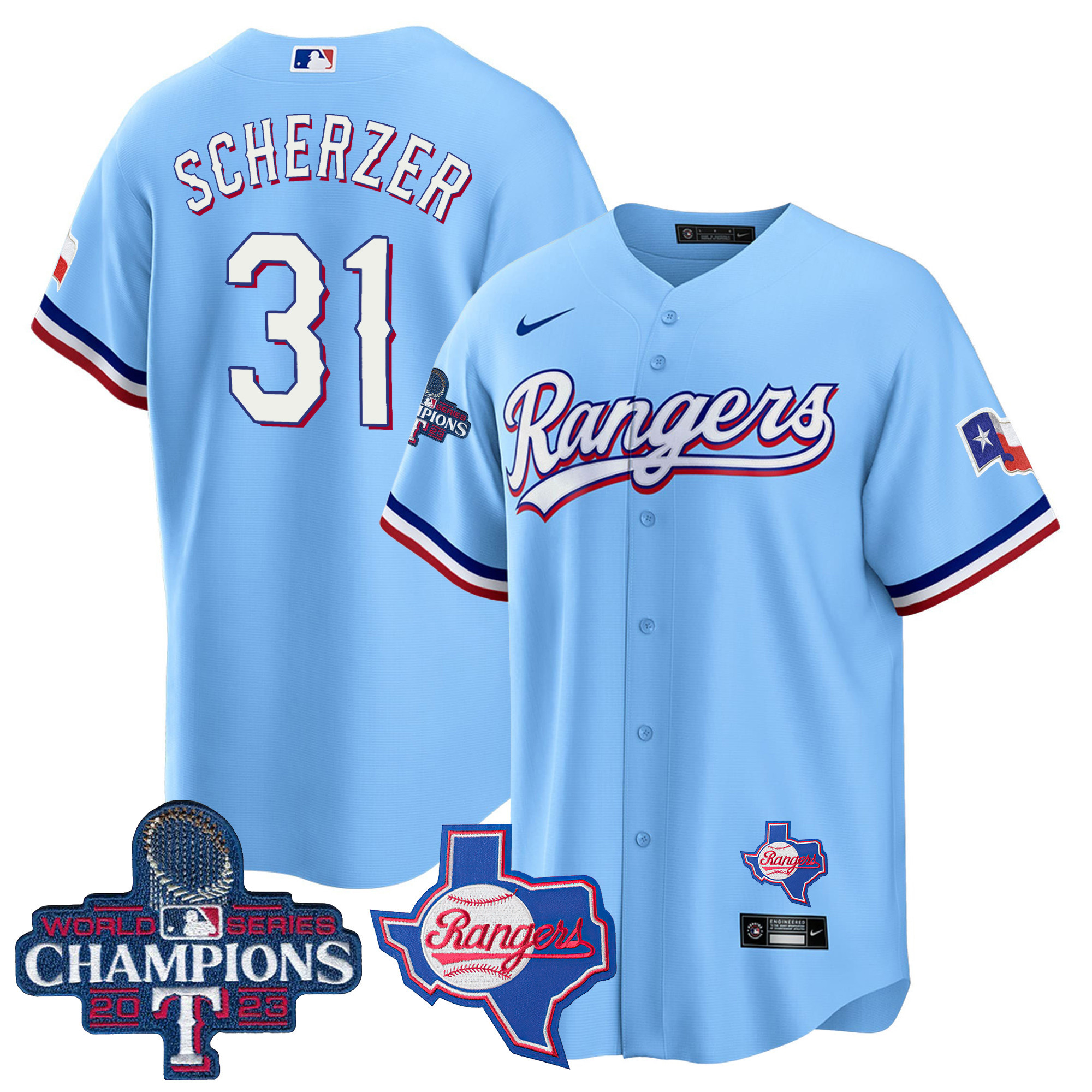 Max Scherzer Men's Texas Rangers 2023 World Series Champions Cool Base V2 Blue Jersey - All Stitched