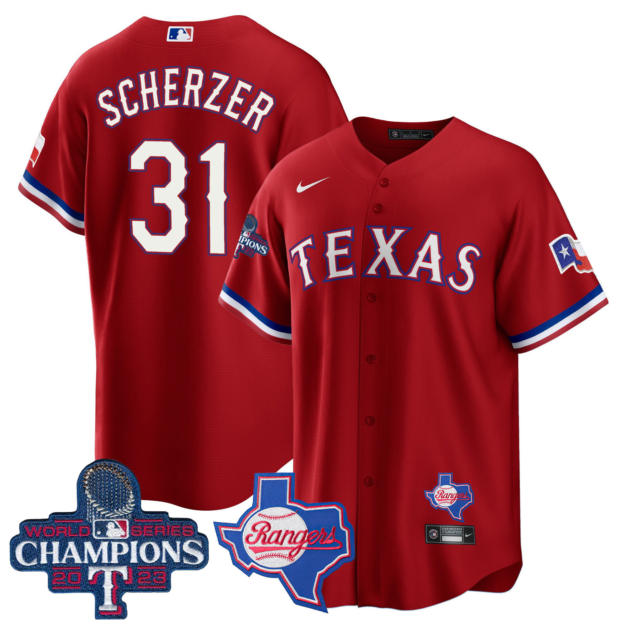 Max Scherzer Men's Texas Rangers 2023 World Series Champions Cool Base V2 Red Jersey - All Stitched