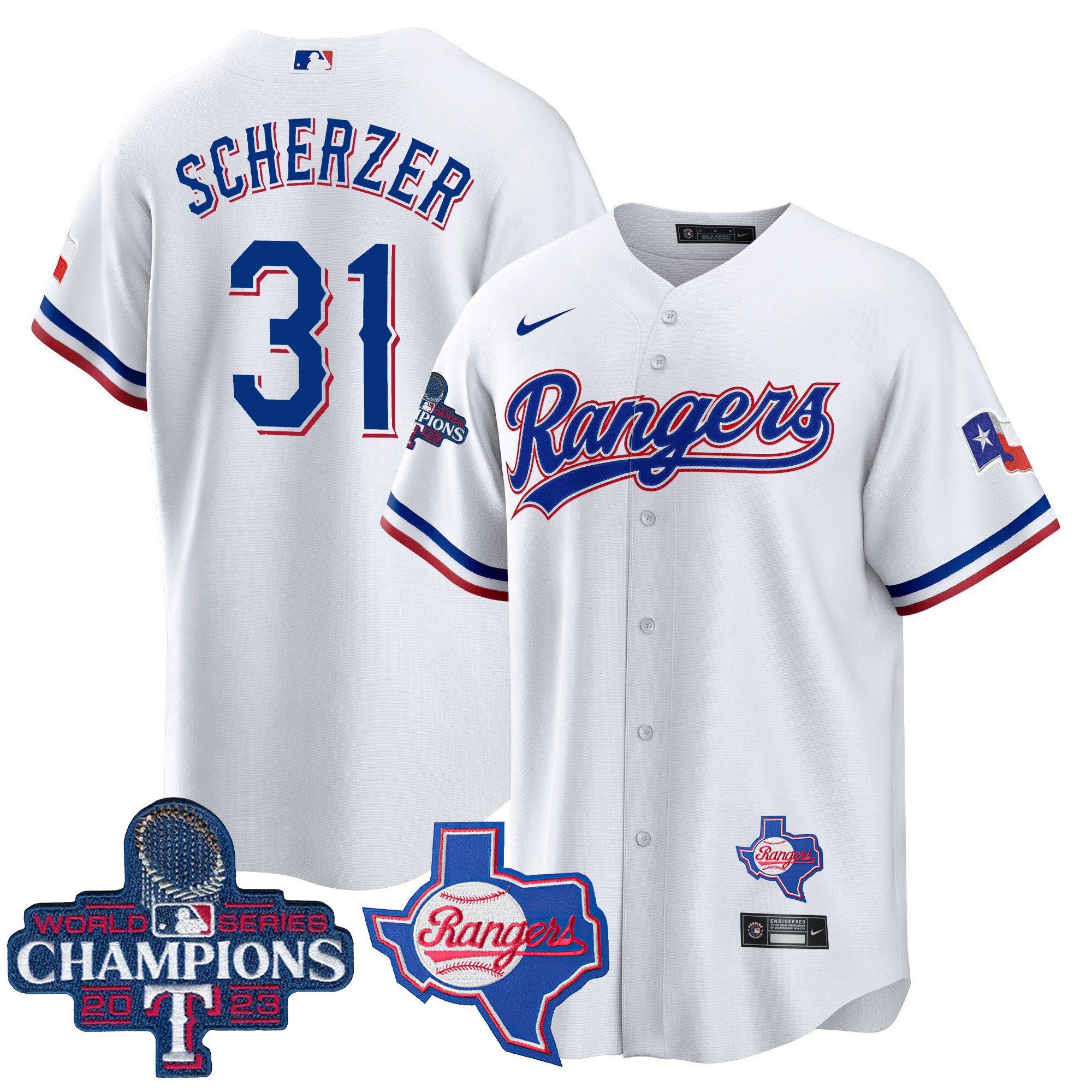 Max Scherzer Men's Texas Rangers 2023 World Series Champions Cool Base V2 White Jersey - All Stitched