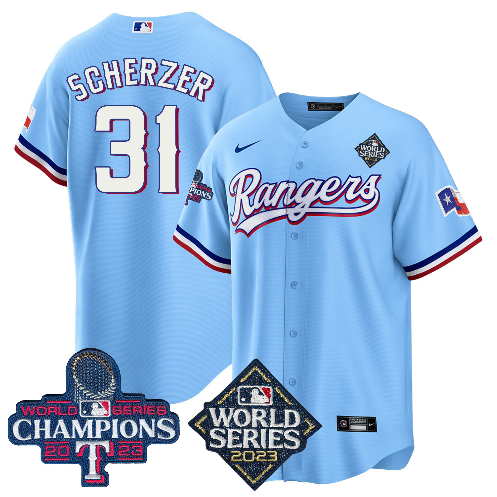 Max Scherzer Men's Texas Rangers 2023 World Series Champions Cool Base V4 Blue Jersey - All Stitched