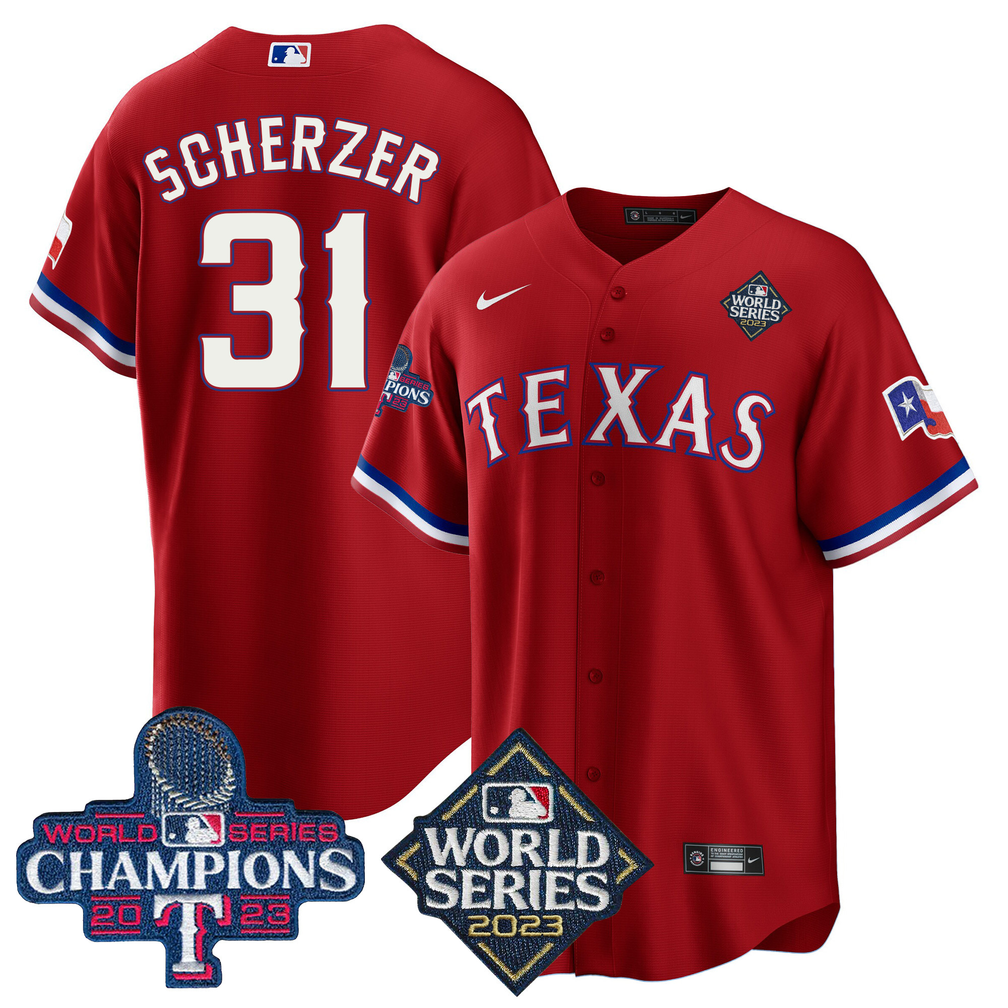 Max Scherzer Men's Texas Rangers 2023 World Series Champions Cool Base V4 Red Jersey - All Stitched