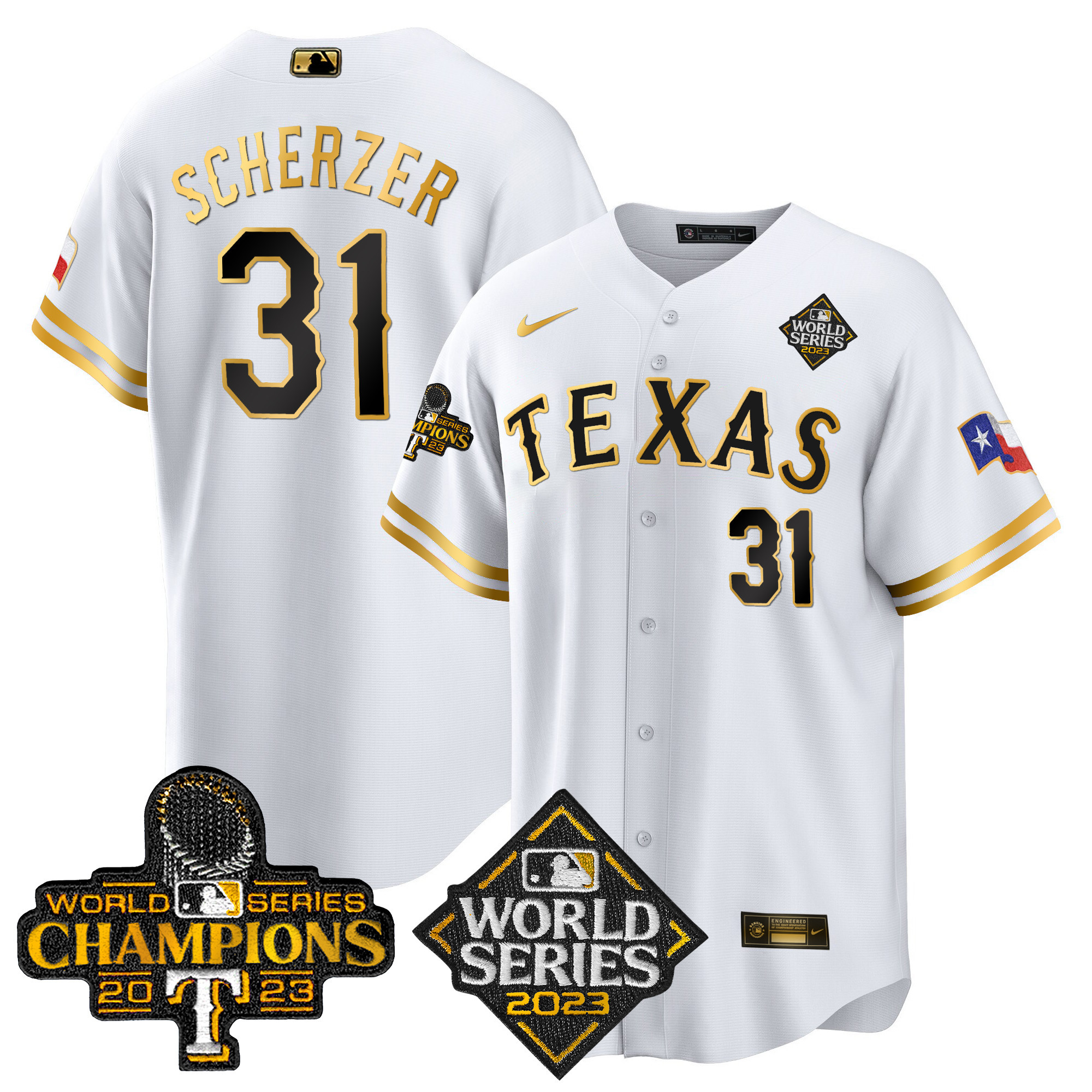 Max Scherzer Men's Texas Rangers 2023 World Series Champions Cool Base V4 White Gold Jersey - All Stitched