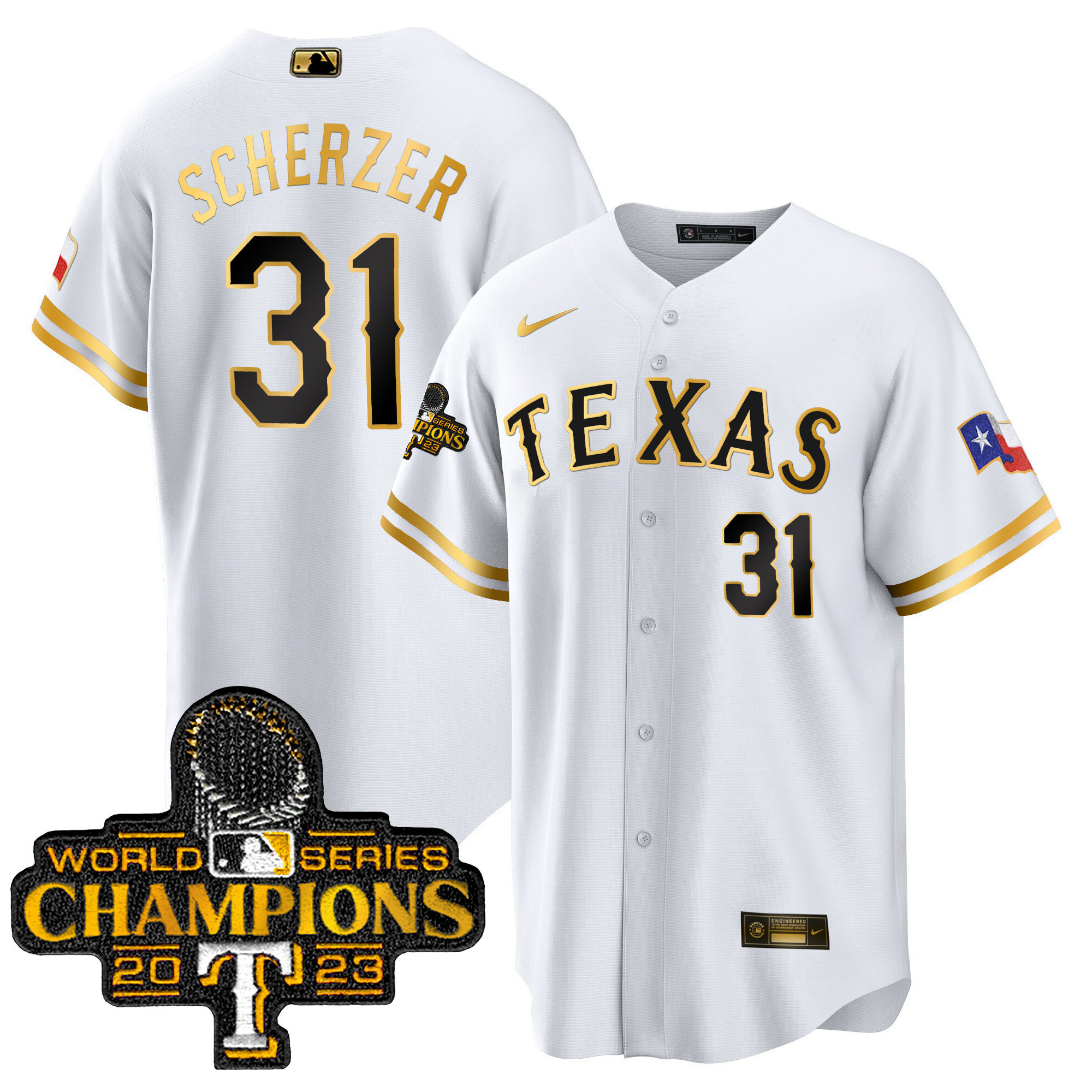 Max Scherzer Men's Texas Rangers 2023 World Series Champions Cool Base White Gold Jersey - All Stitched