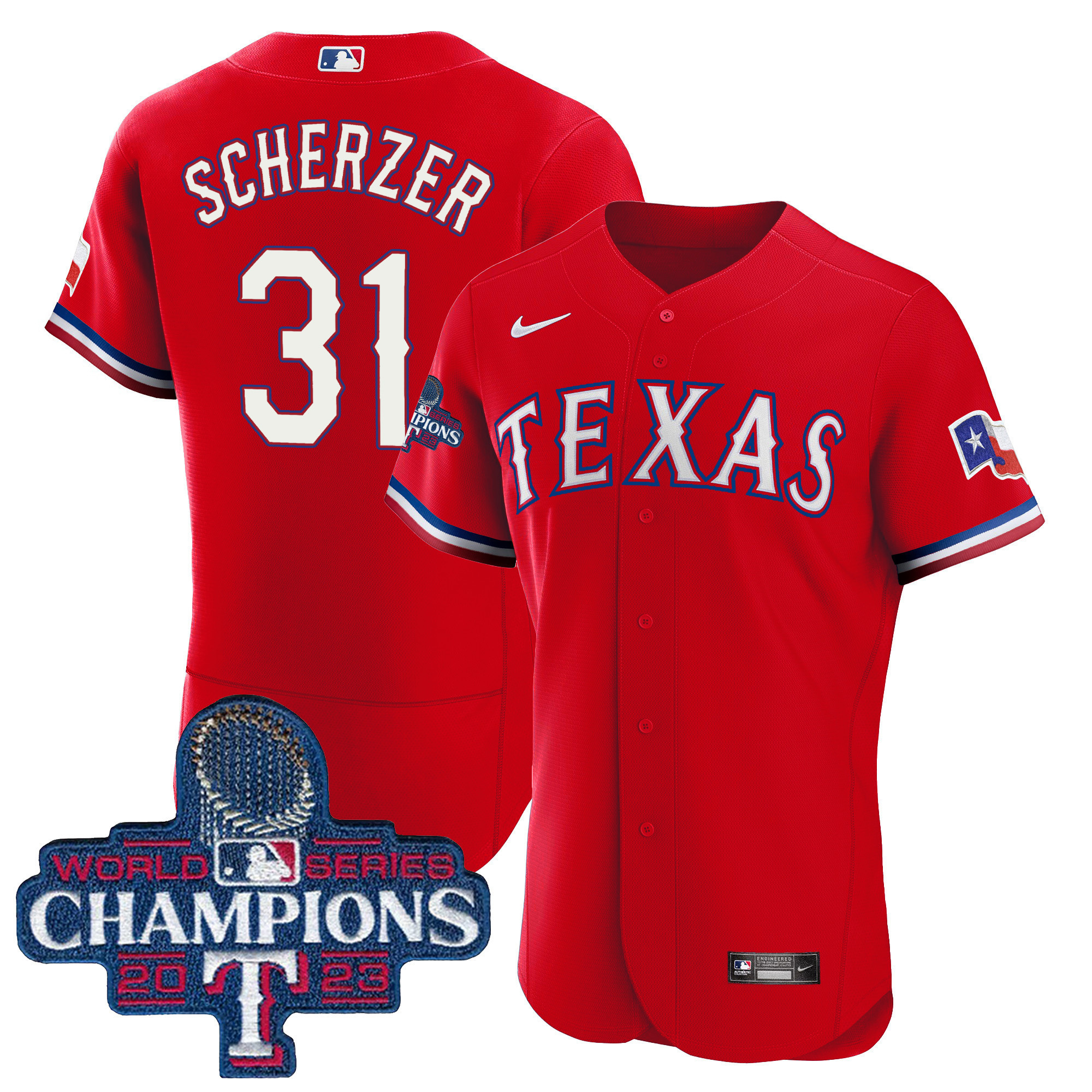 Max Scherzer Men's Texas Rangers 2023 World Series Champions Flex Base Red Jersey - All Stitched