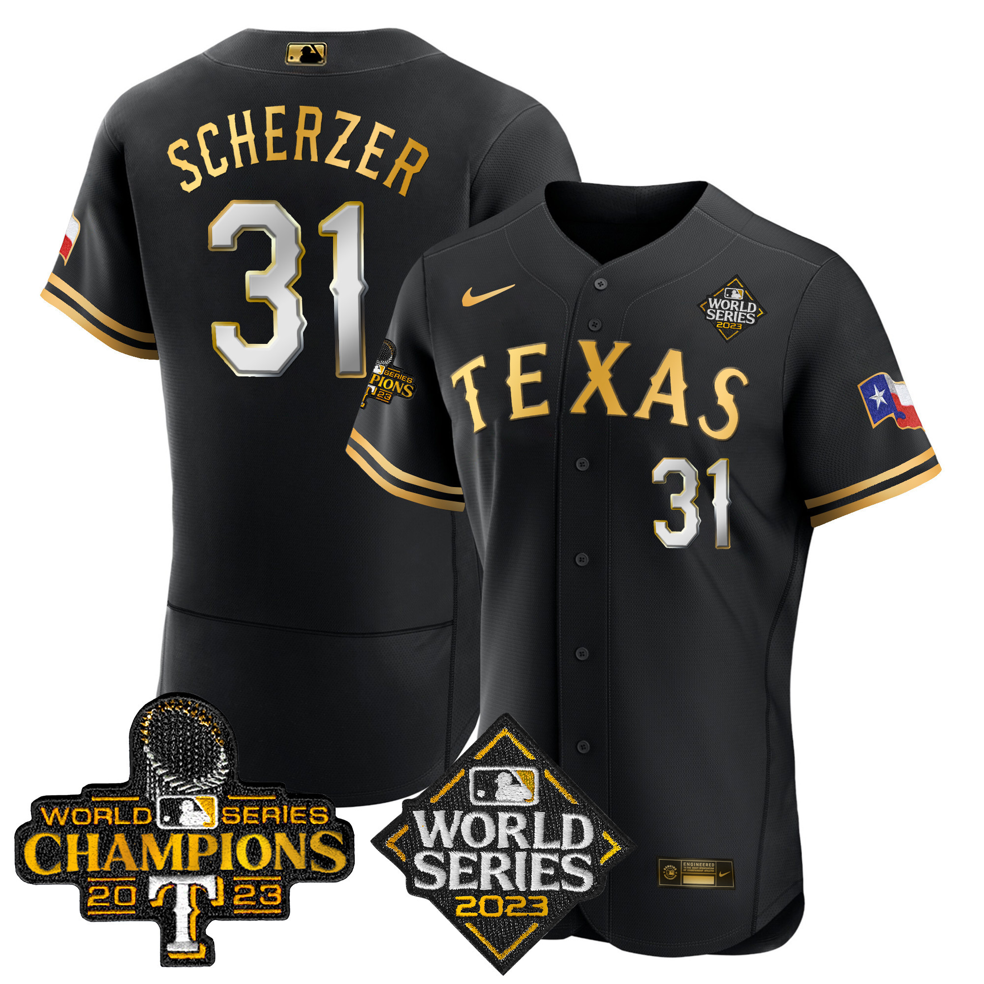 Max Scherzer Men's Texas Rangers 2023 World Series Champions Flex Base V4 Black Limited Jersey - All Stitched