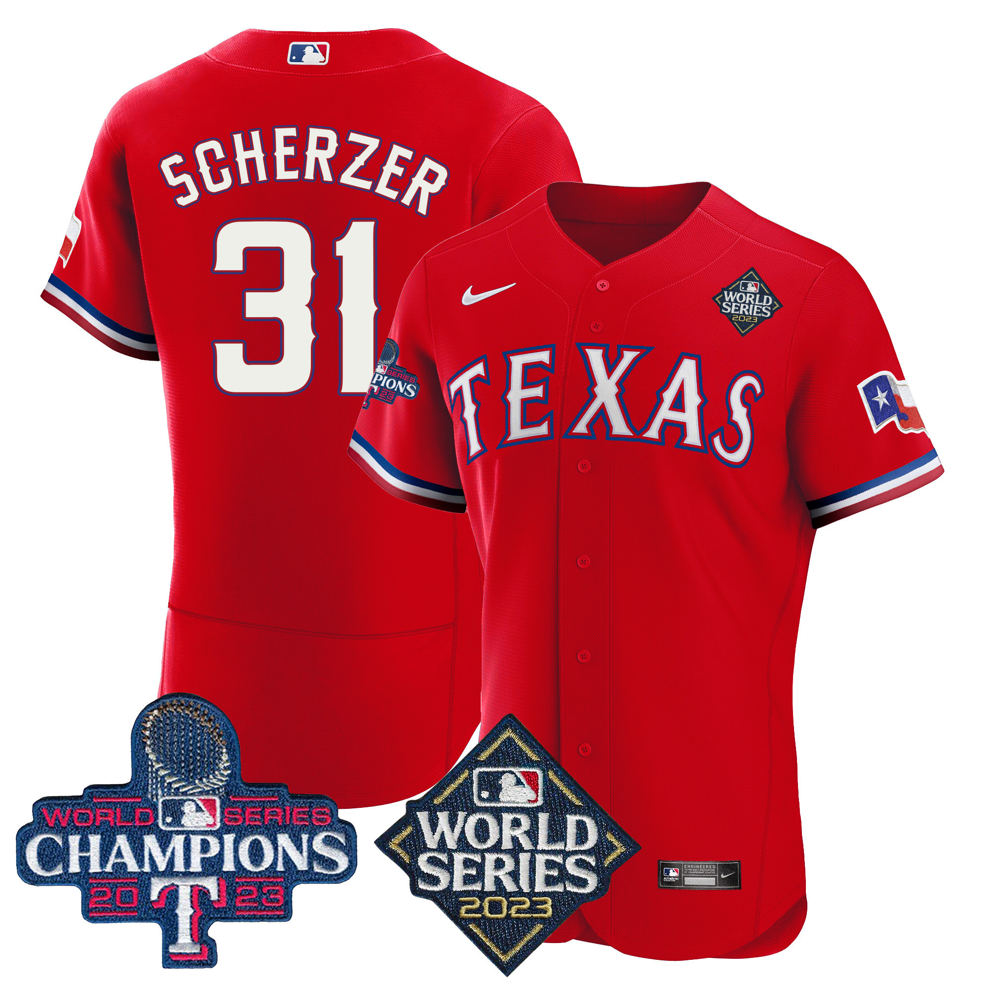 Max Scherzer Men's Texas Rangers 2023 World Series Champions Flex Base V4 Red Jersey - All Stitched