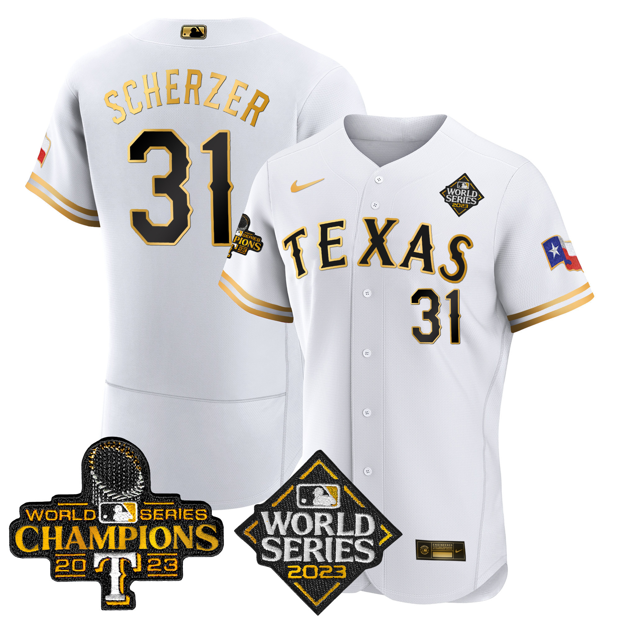 Max Scherzer Men's Texas Rangers 2023 World Series Champions Flex Base V4 White Gold Jersey - All Stitched