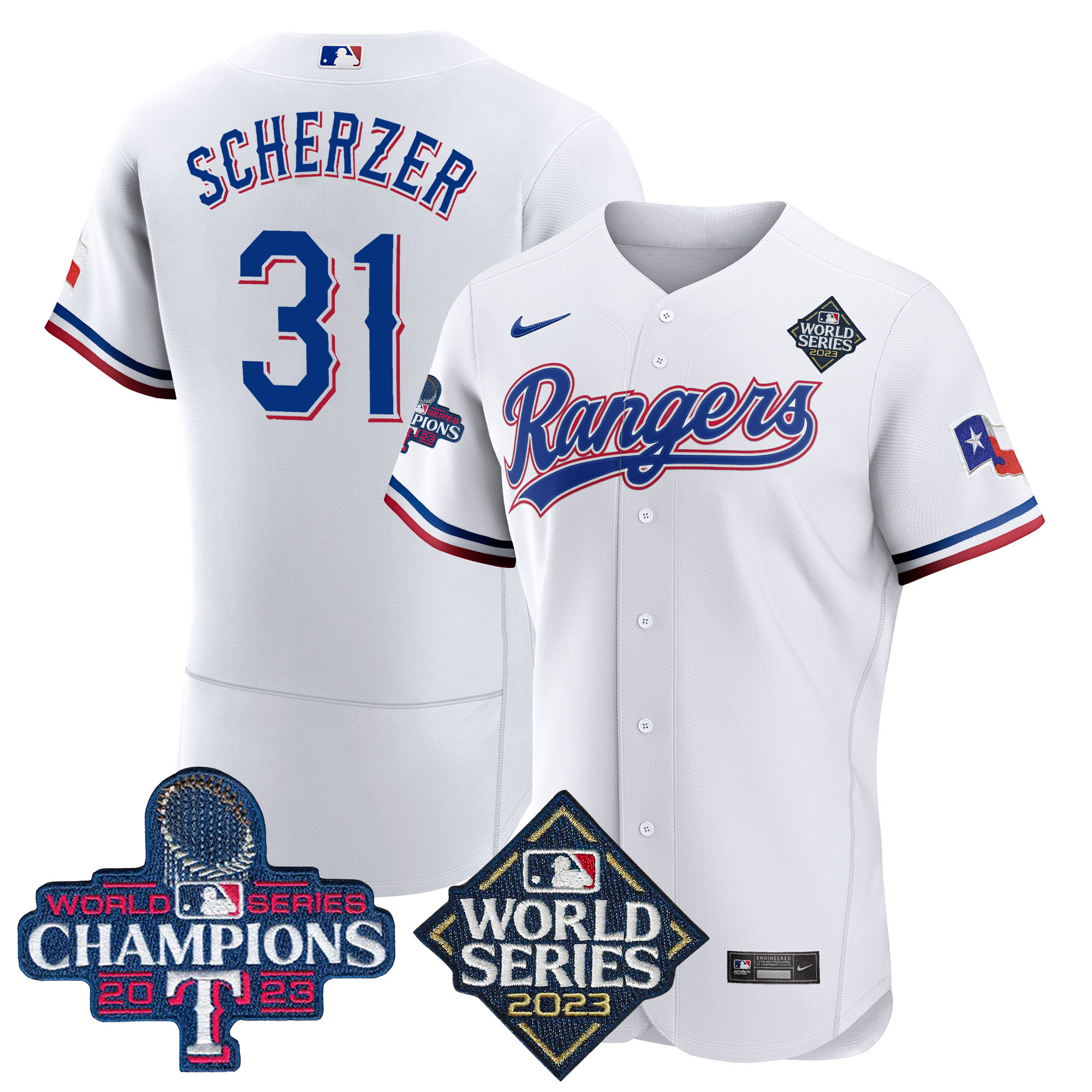 Max Scherzer Men's Texas Rangers 2023 World Series Champions Flex Base V4 White Jersey - All Stitched
