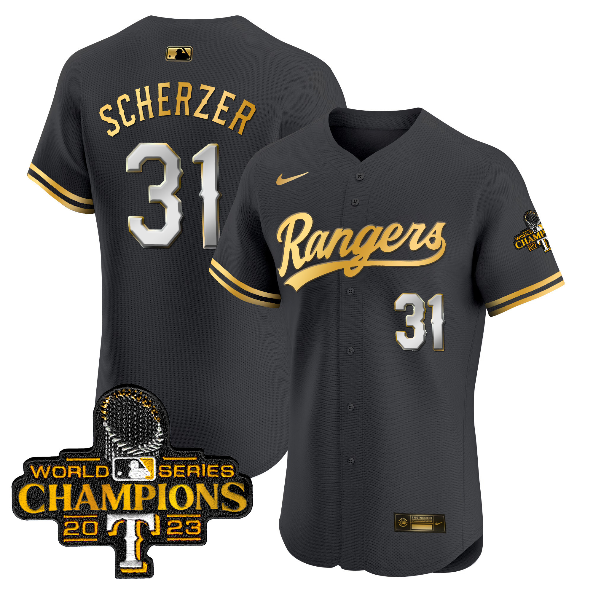 Max Scherzer Men's Texas Rangers 2023 World Series Champions Gold Trim Vapor Premier Elite Black Gold Jersey - All Stitched