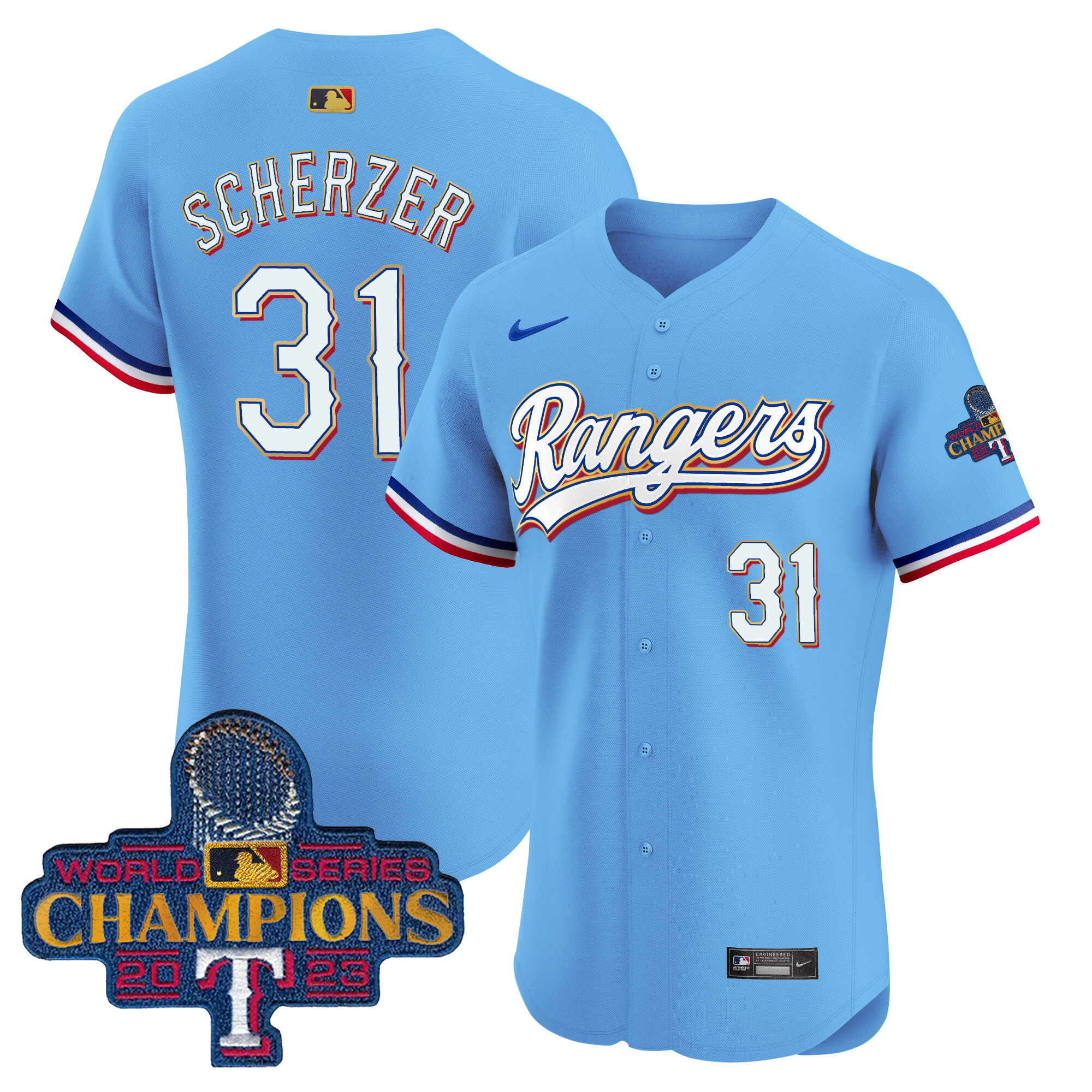 Max Scherzer Men's Texas Rangers 2023 World Series Champions Gold Trim Vapor Premier Elite Blue Jersey - All Stitched