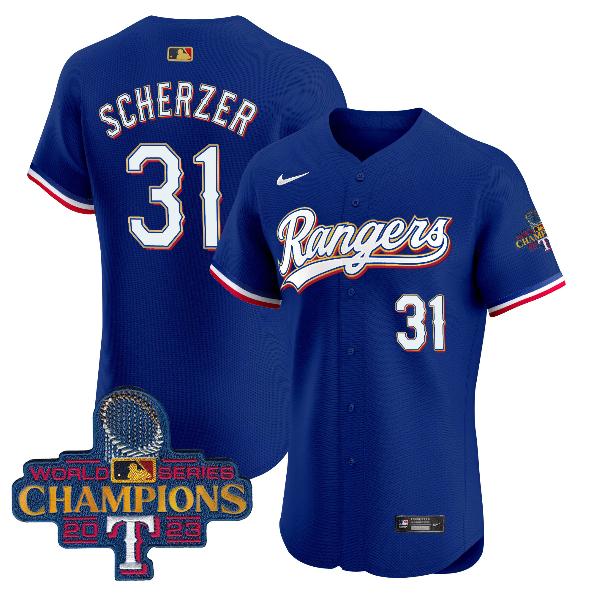 Max Scherzer Men's Texas Rangers 2023 World Series Champions Gold Trim Vapor Premier Elite Royal Jersey - All Stitched