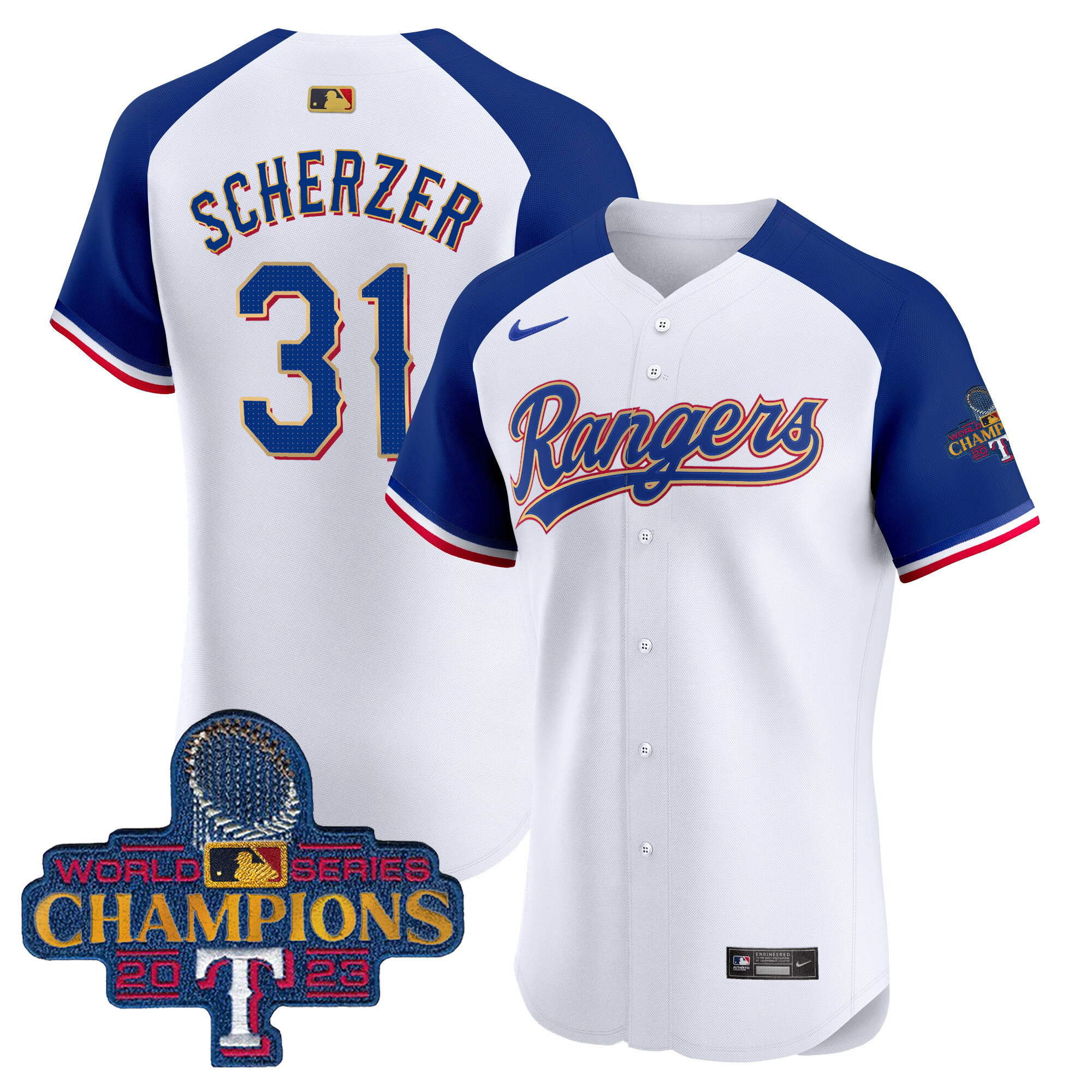 Max Scherzer Men's Texas Rangers 2023 World Series Champions Gold Trim Vapor Premier Elite White Alternate Jersey - All Stitched