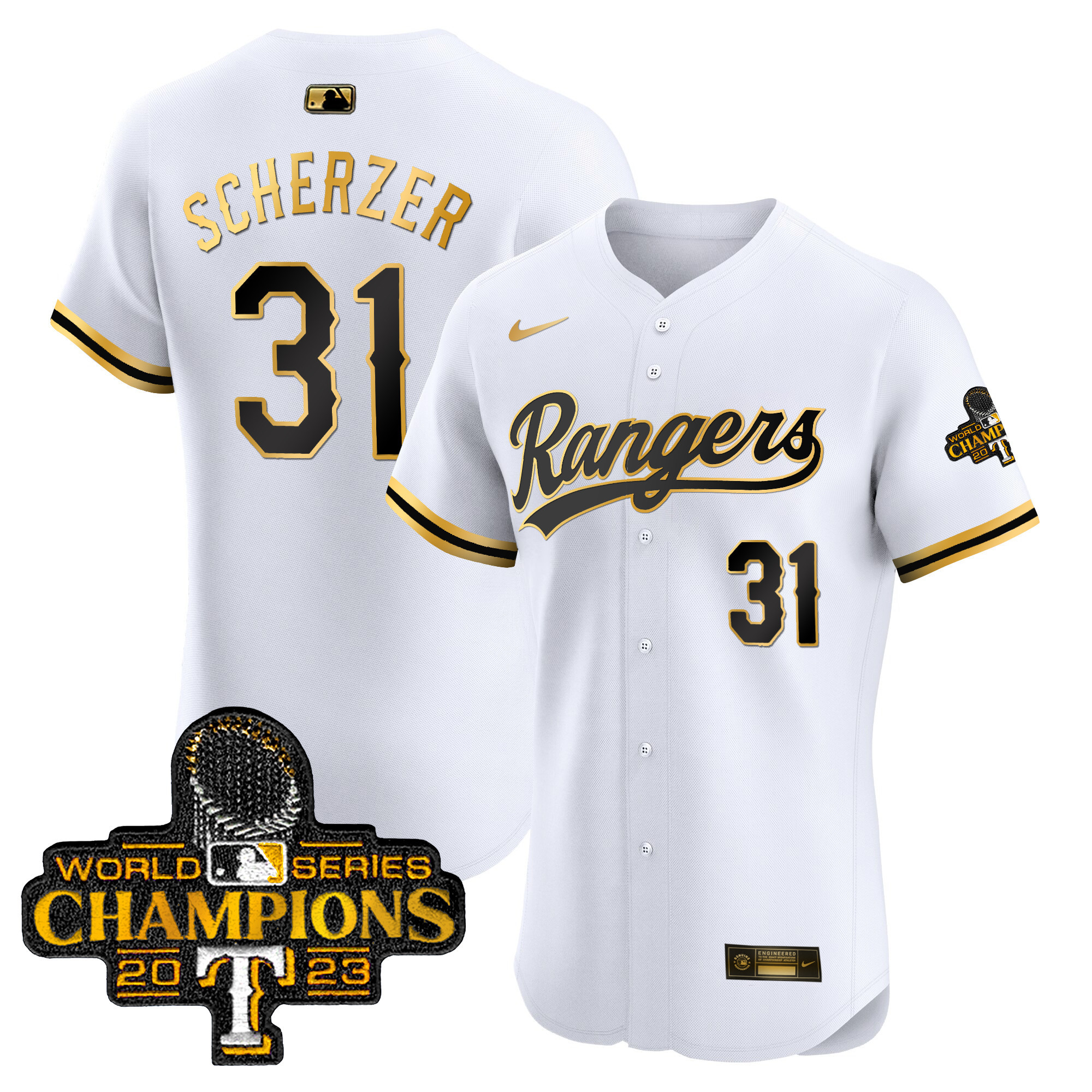 Max Scherzer Men's Texas Rangers 2023 World Series Champions Gold Trim Vapor Premier Elite White Gold Jersey - All Stitched
