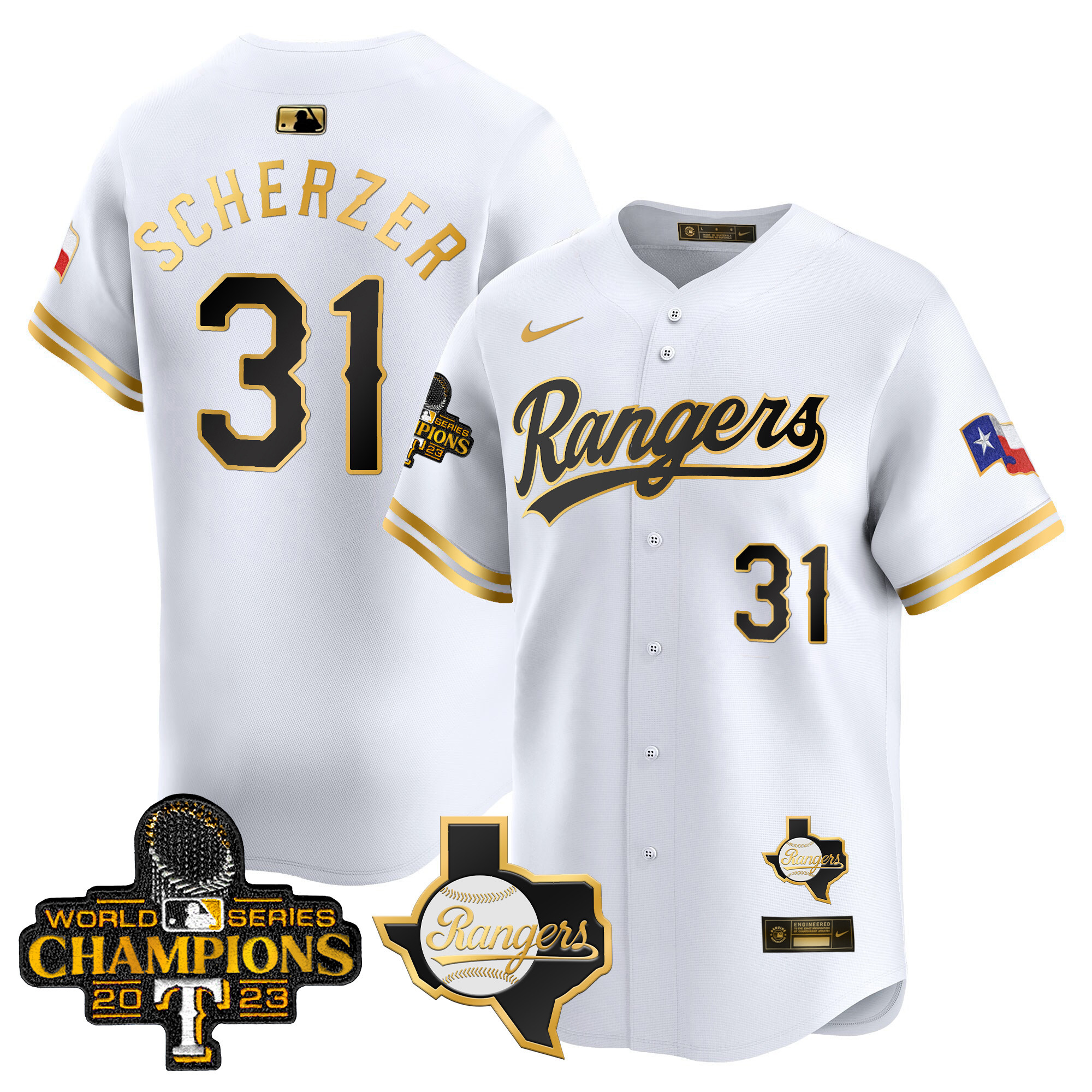 Max Scherzer Men's Texas Rangers 2023 World Series Champions Gold Trim Vapor Premier Limited V2 White Gold Jersey - All Stitched