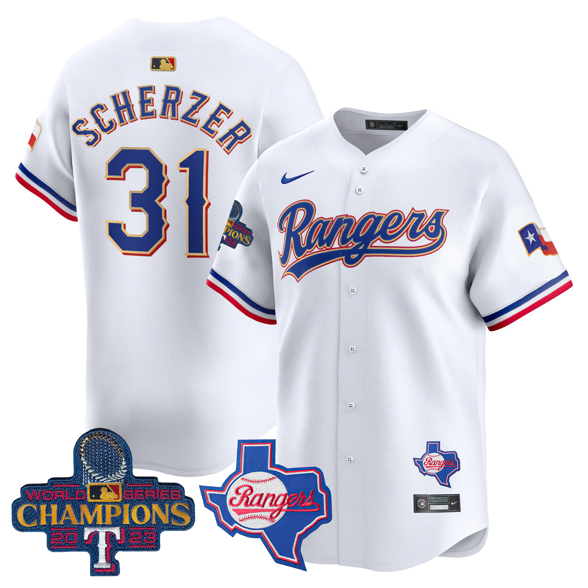 Max Scherzer Men's Texas Rangers 2023 World Series Champions Gold Trim Vapor Premier Limited V2 White Jersey - All Stitched