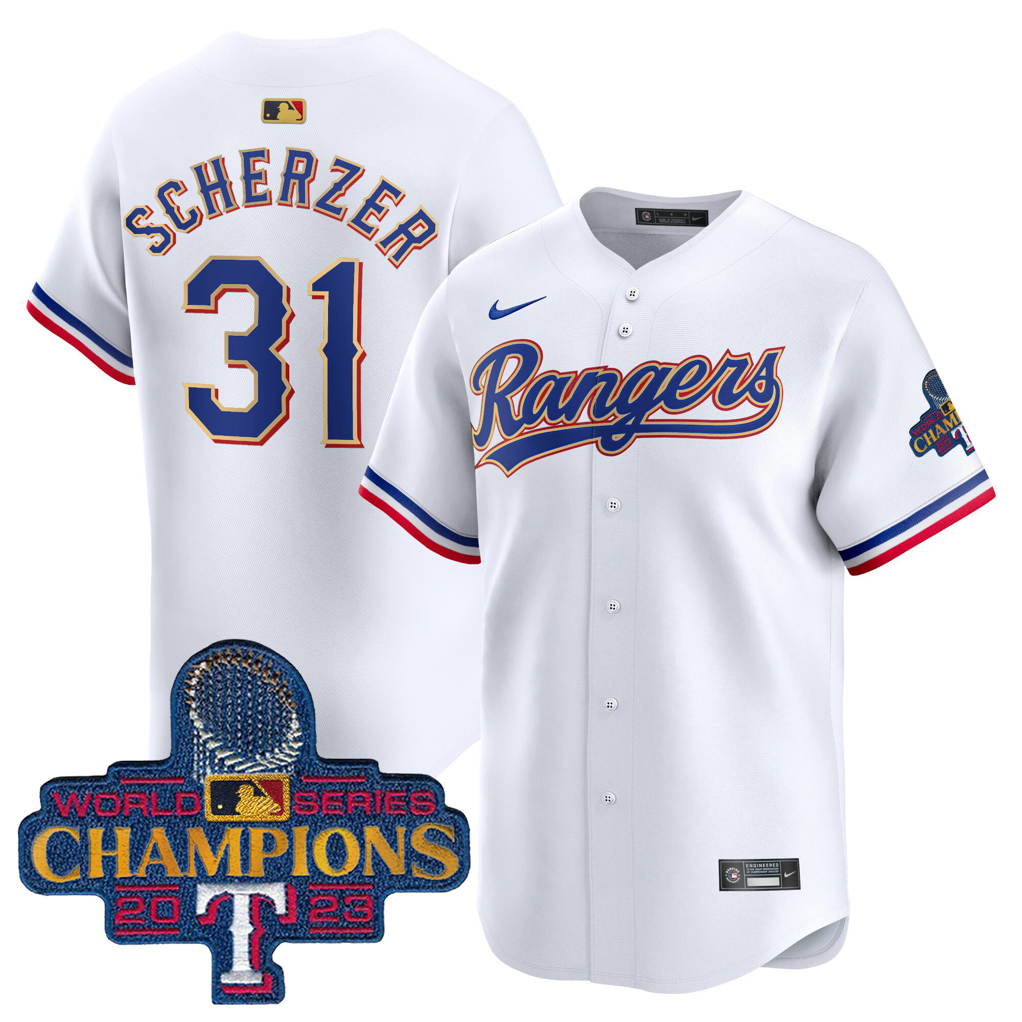 Max Scherzer Men's Texas Rangers 2023 World Series Champions Gold Trim Vapor Premier Limited White Jersey - All Stitched