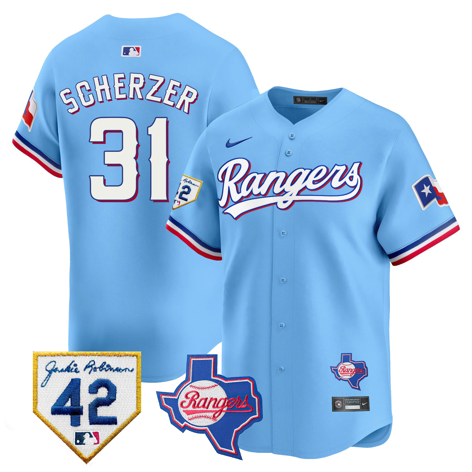 Max Scherzer Men's Texas Rangers 2024 Jackie Robinson Patch Vapor Premier Limited Blue Jersey - All Stitched