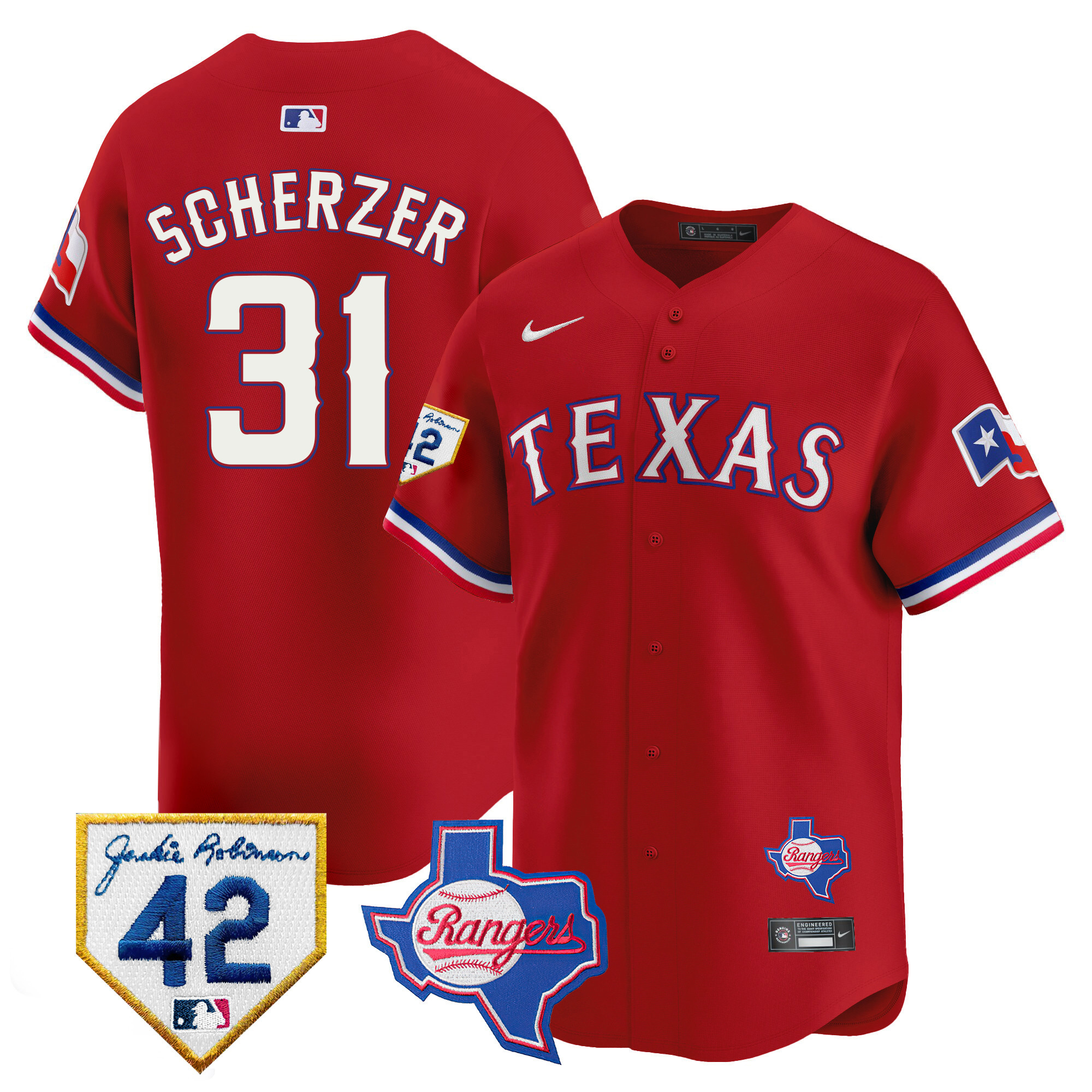 Max Scherzer Men's Texas Rangers 2024 Jackie Robinson Patch Vapor Premier Limited Red Jersey - All Stitched