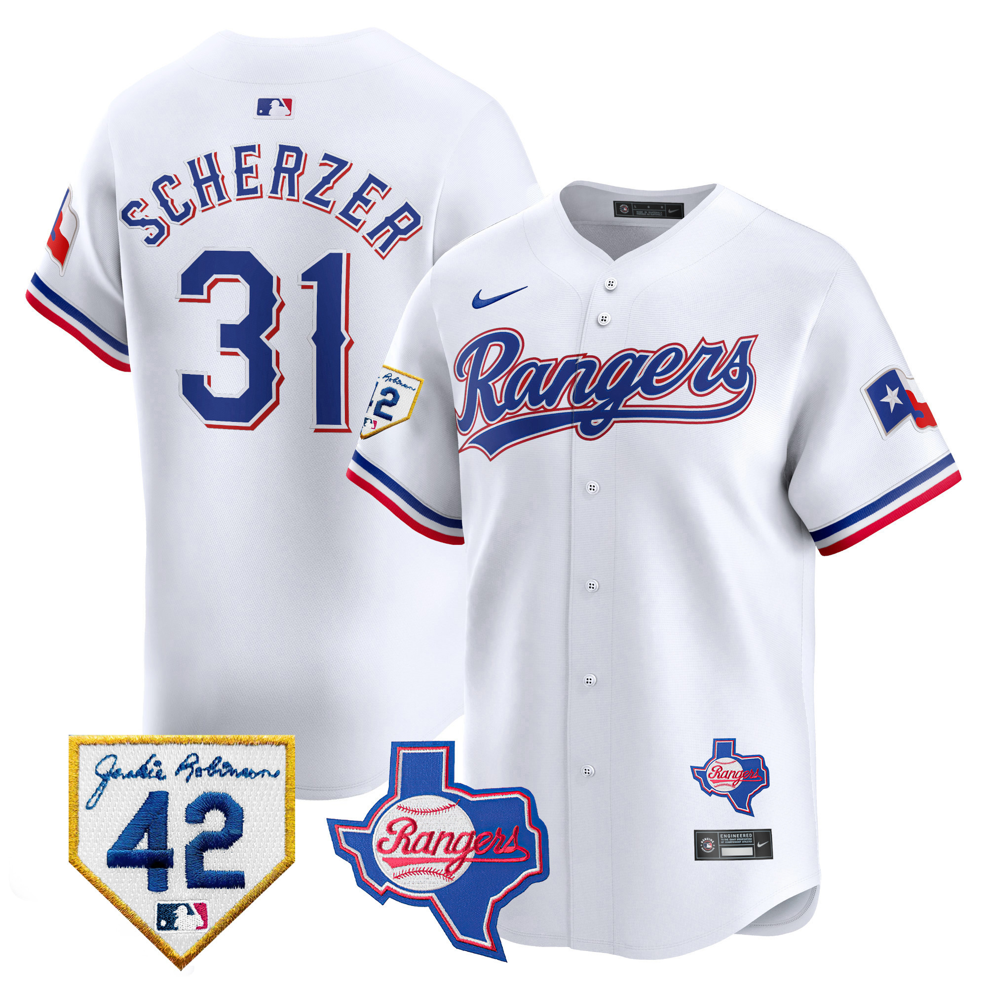 Max Scherzer Men's Texas Rangers 2024 Jackie Robinson Patch Vapor Premier Limited White Jersey - All Stitched