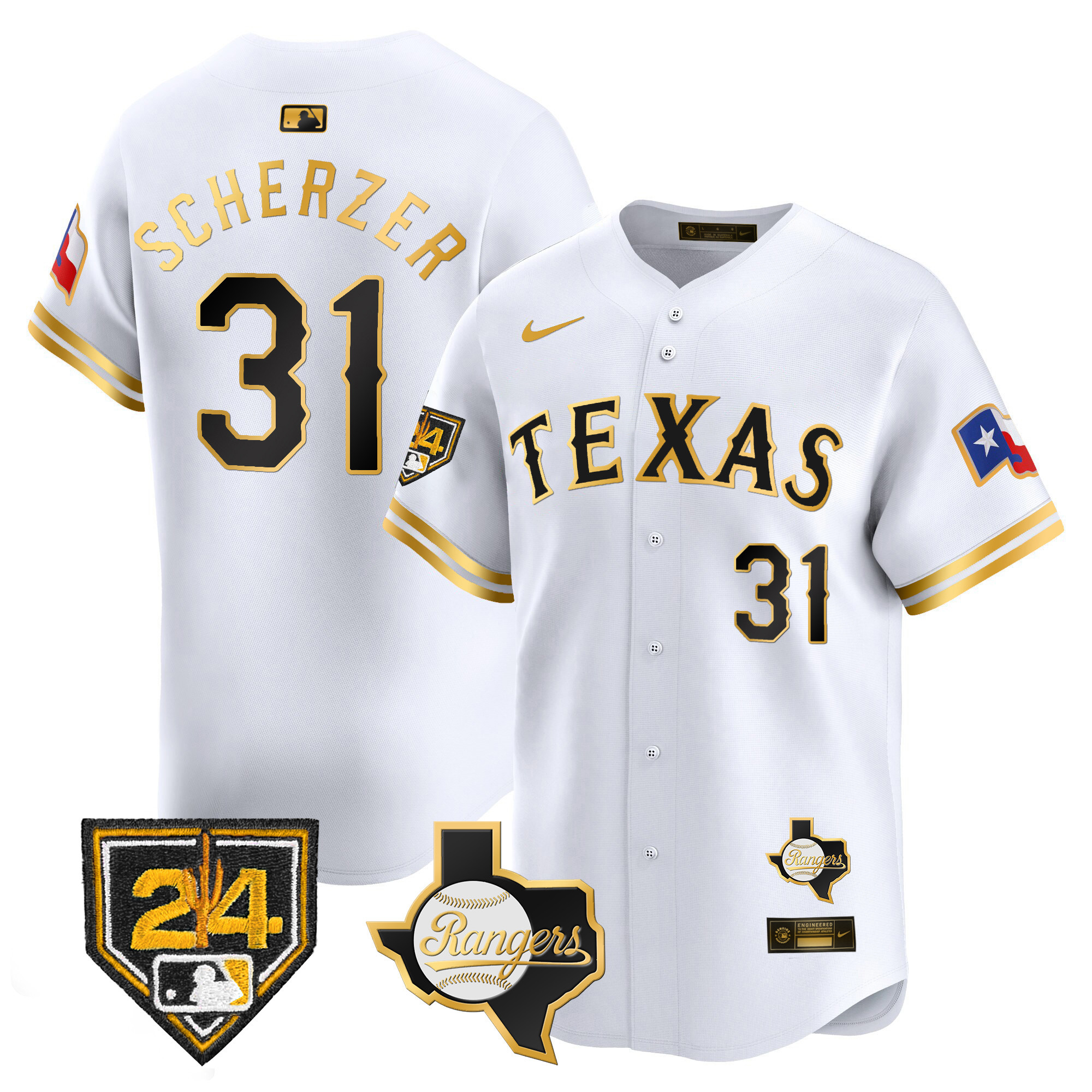 Max Scherzer Men's Texas Rangers 2024 Spring Training Patch Vapor Premier Limited White Gold Jersey - All Stitched