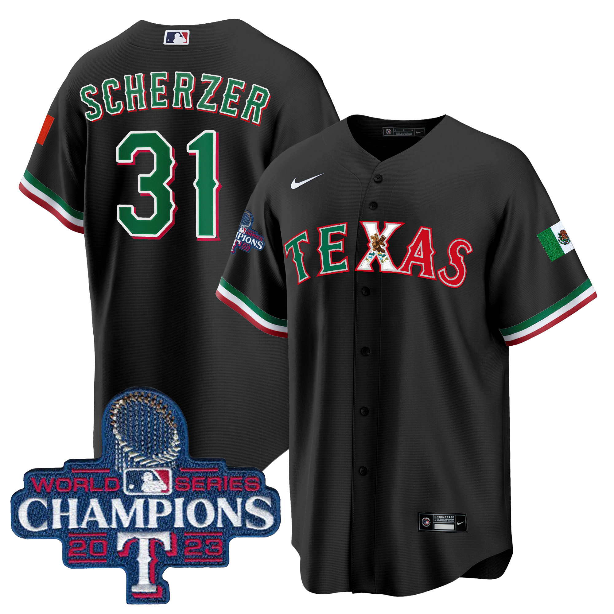 Max Scherzer Men's Texas Rangers Mexico 2023 World Series Champions Baseball Black Jersey - All Stitched